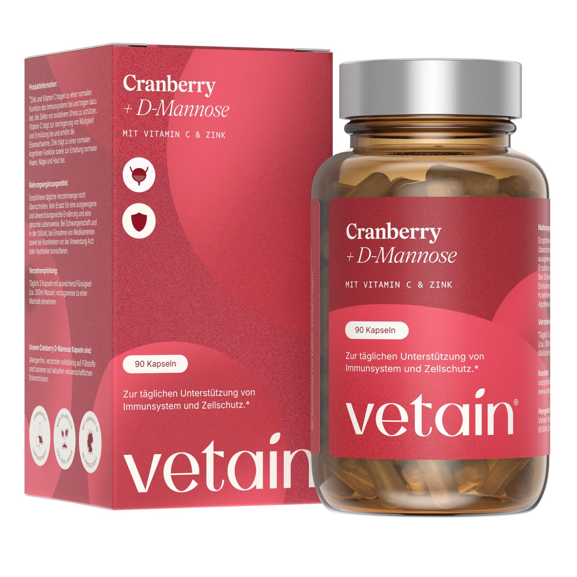 Vetain Cranberry D-Mannose Kapseln - Komplex mit Vitamin C, Zink & L-Methionin – 1.500mg D Mannose 90 St