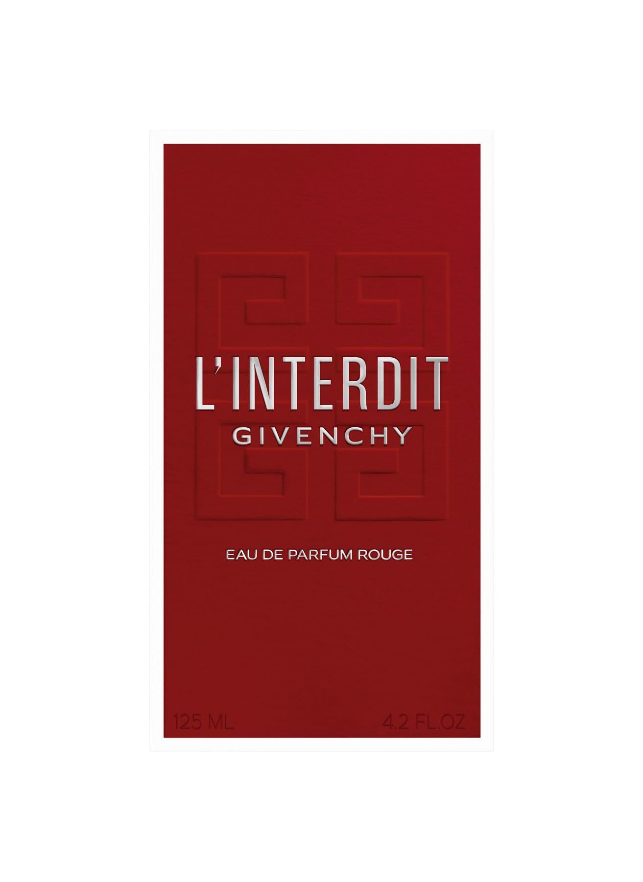 Rote Verpackung. Aufschrift: L'Interdit Givenchy, Eau de Parfum Rouge. Logo und Schrift in Silber.