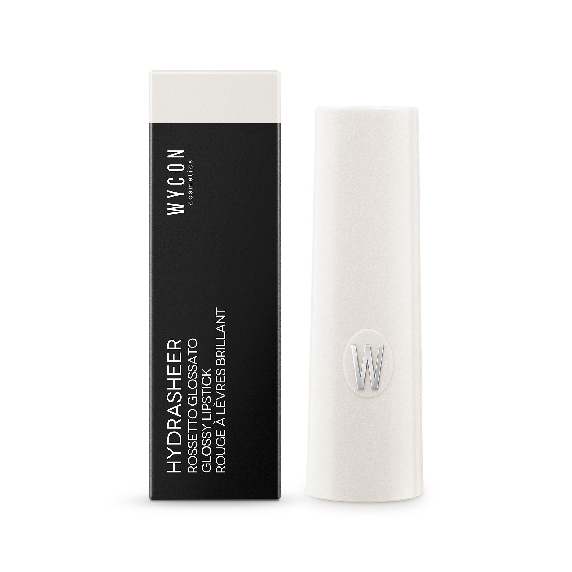 WYCON Cosmetics Hydrasheer Glossy Lipstick in Verpackung. Schwarze Schachtel mit Produktinformationen und weißer Lippenstift.