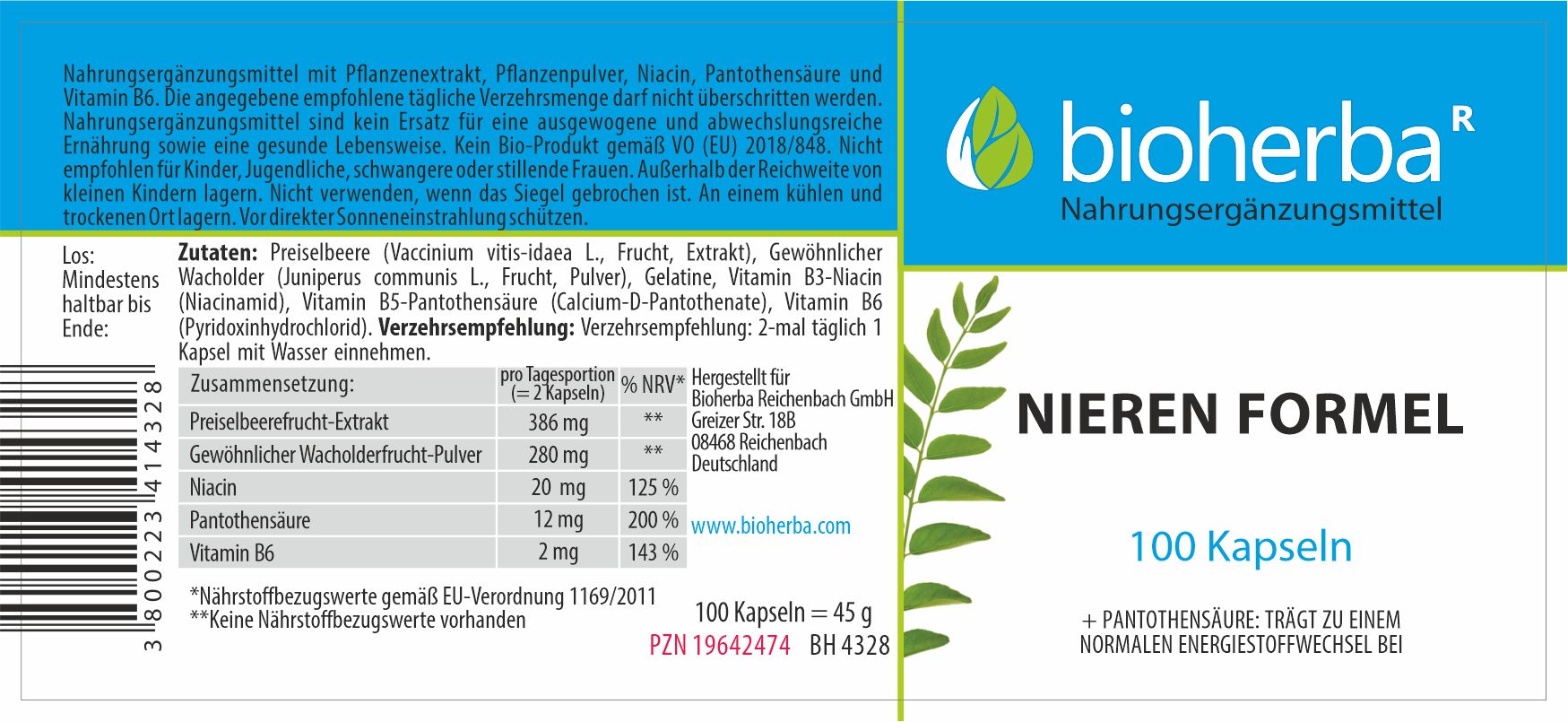 Etikett mit Produktinformationen. "Bioherba" und "Nieren Formel" Schriftzug. Inhaltsstoffe und Nährwertangaben.
