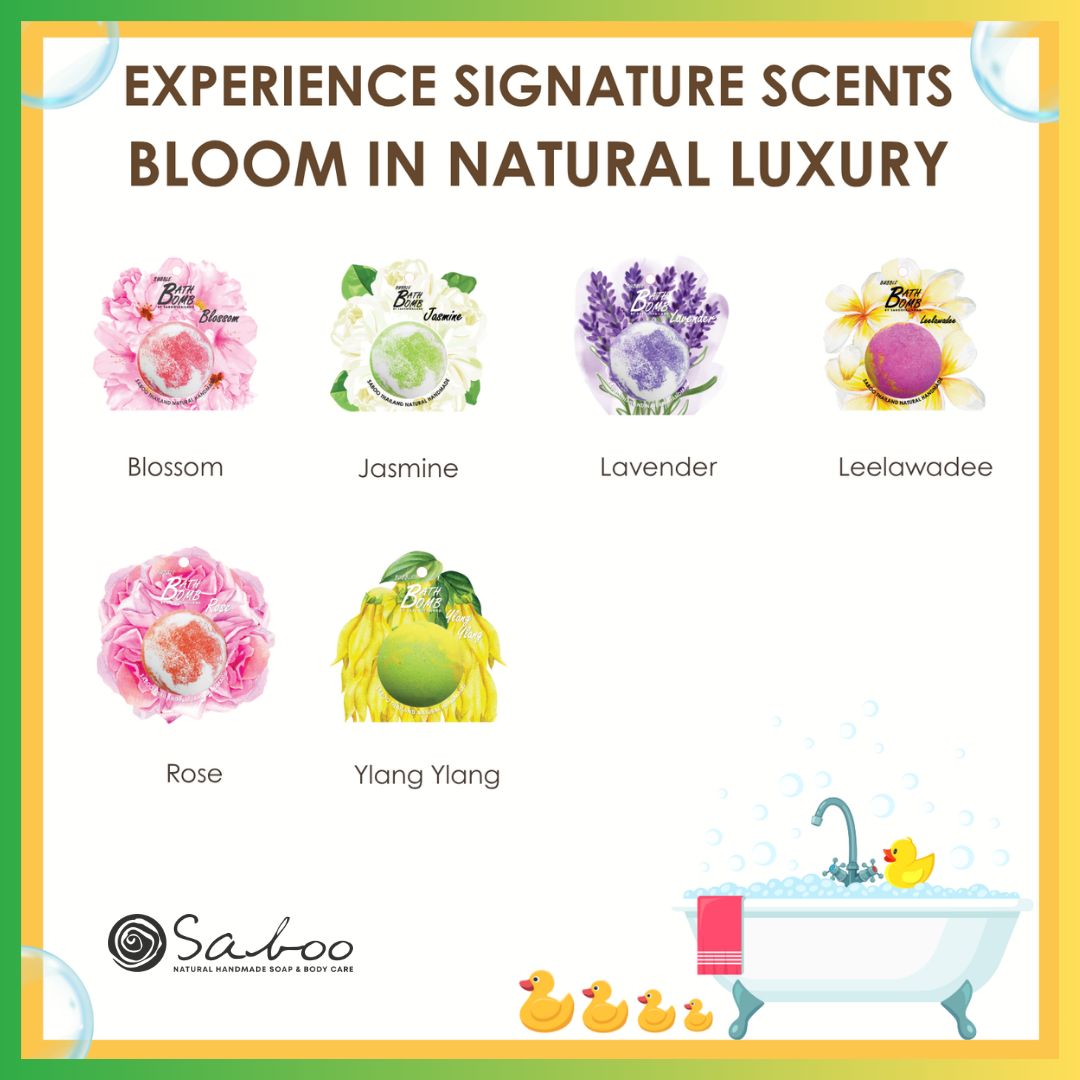 Verschiedene Badbomben-Designs. Text: Experience Signature Scents. Saboo Logo. Badewanne mit Enten.