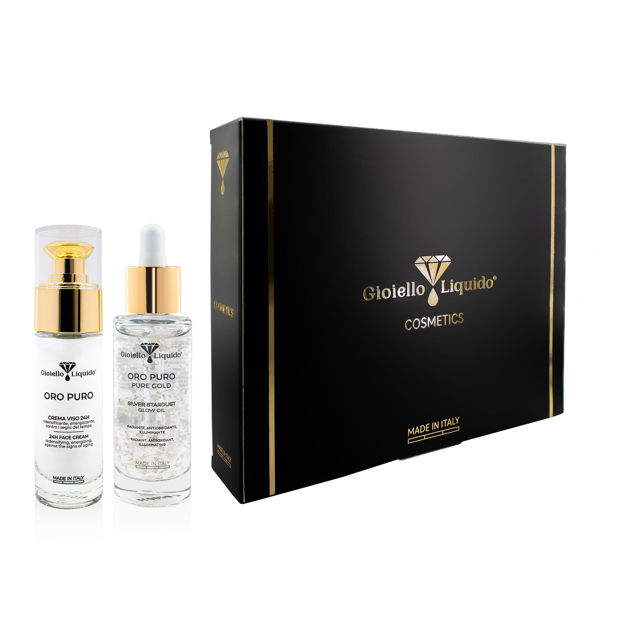 Geschenkbox mit zwei Flakons und einer Box. Aufschrift: Gioiello Liquido Cosmetics. Made in Italy.