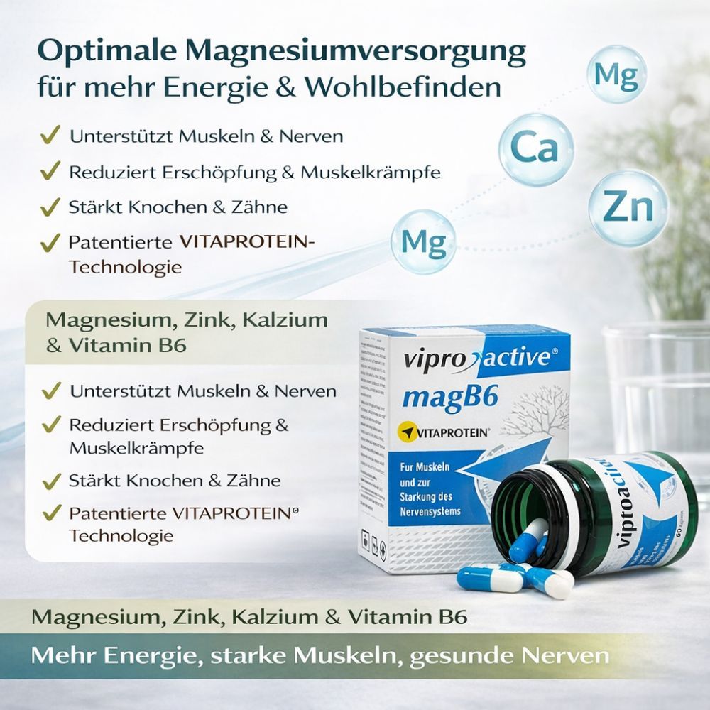 Viproactive® magB6-Verpackung und Flasche. Magnesium, Zink, Kalzium, Vitamin B6. 60 Kapseln. Blaue Kapseln.