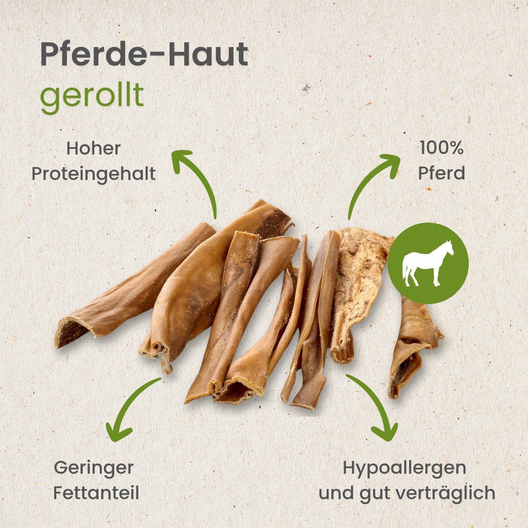 100% Pferdehaut, hoher Proteingehalt, geringer Fettanteil, hypoallergen. Mehrere Stücke.