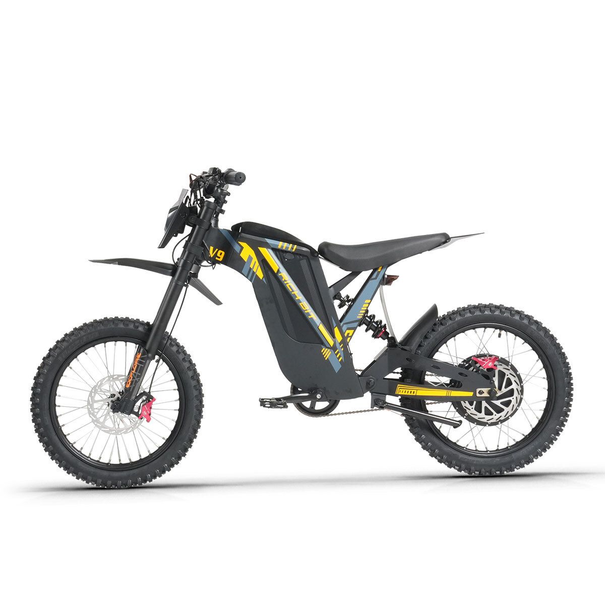 Schwarzes E-Dirtbike, Seitenansicht. Gelbe Akzente, Offroad-Reifen, Scheibenbremsen. RICH BIT V9 Ultra.