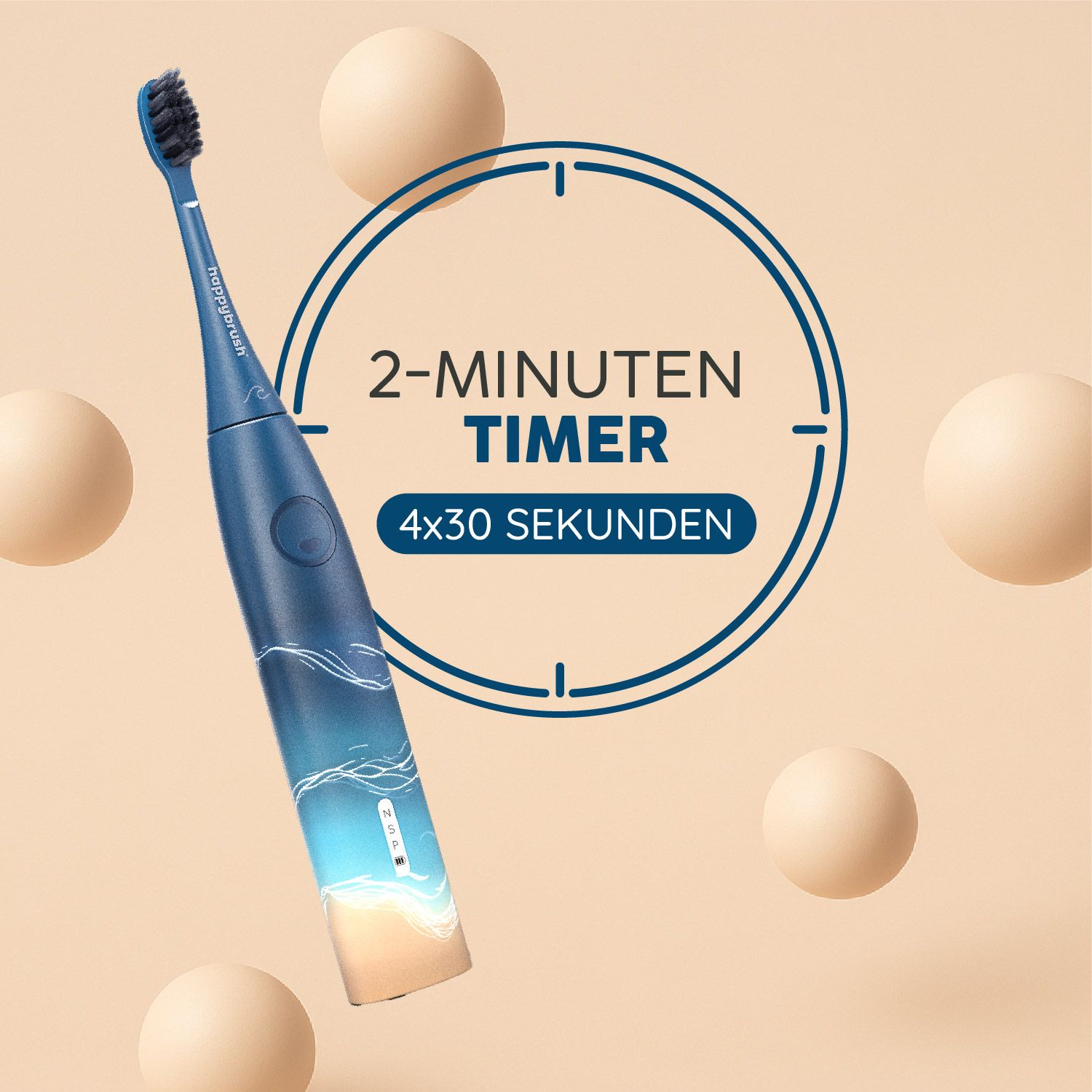 Blaue Schallzahnbürste mit einem 2-Minuten-Timer. Die Zahnbürste hat ein blaues Design mit Wellenmuster und einen schwarzen Bürstenkopf.