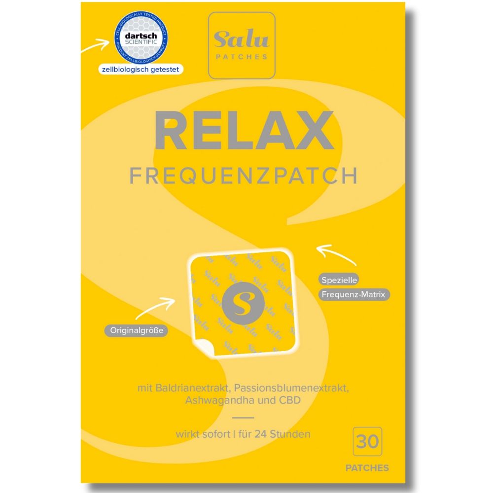 Gelbe Verpackung "Salu Patches Relax Frequenzpatch". Enthält 30 Patches. Mit Logo und Text.