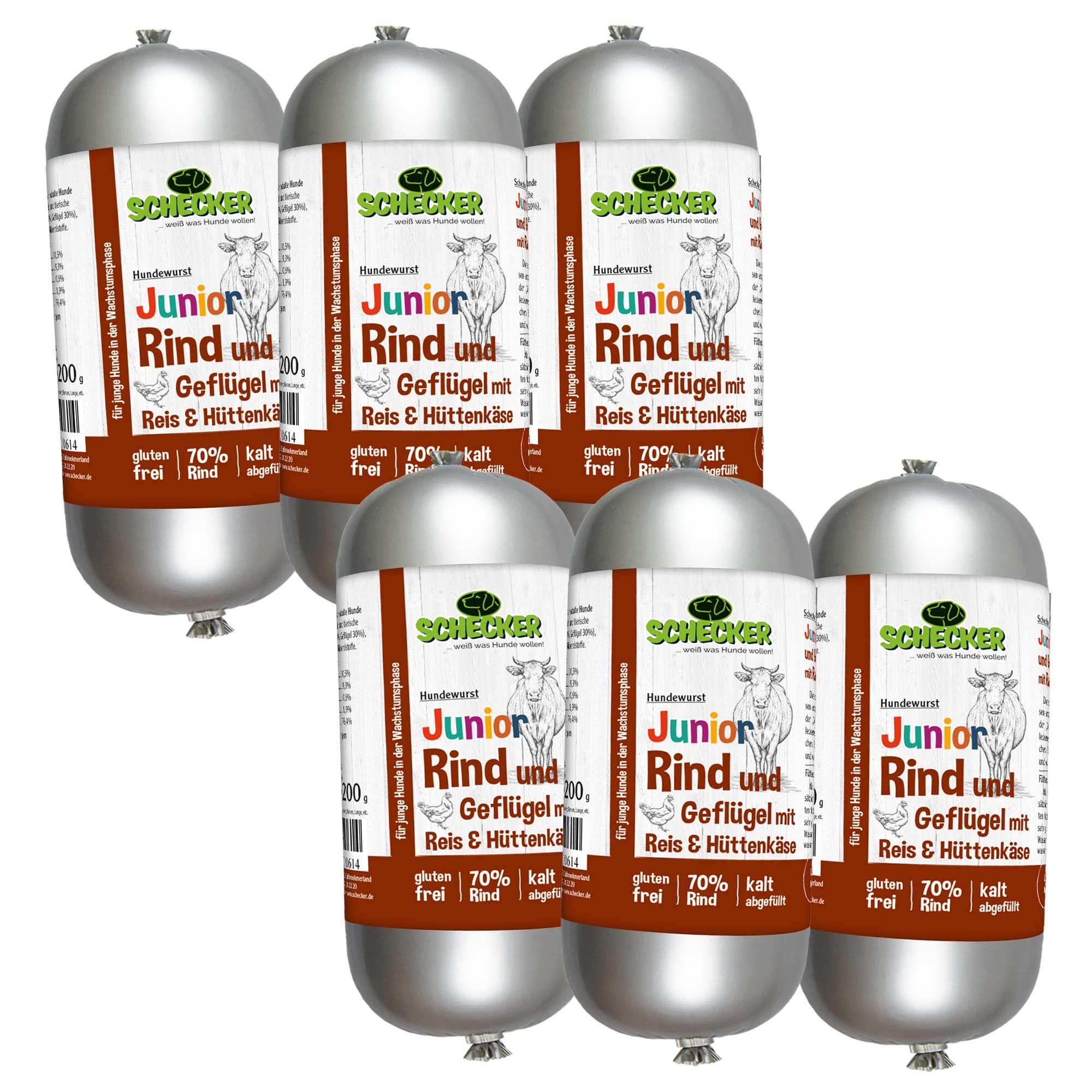 Mehrere Schecker DOGREFORM Junior Fleischwürste mit Rind und Geflügel. Silberne Verpackung mit Etikett.