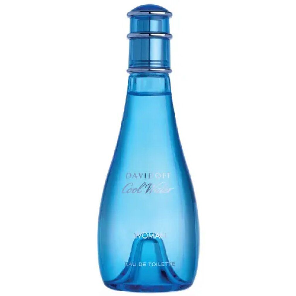 Hellblaue Flasche 'DAVIDOFF Cool Water WOMAN'. Flasche mit Zerstäuber. Blaues Glas.