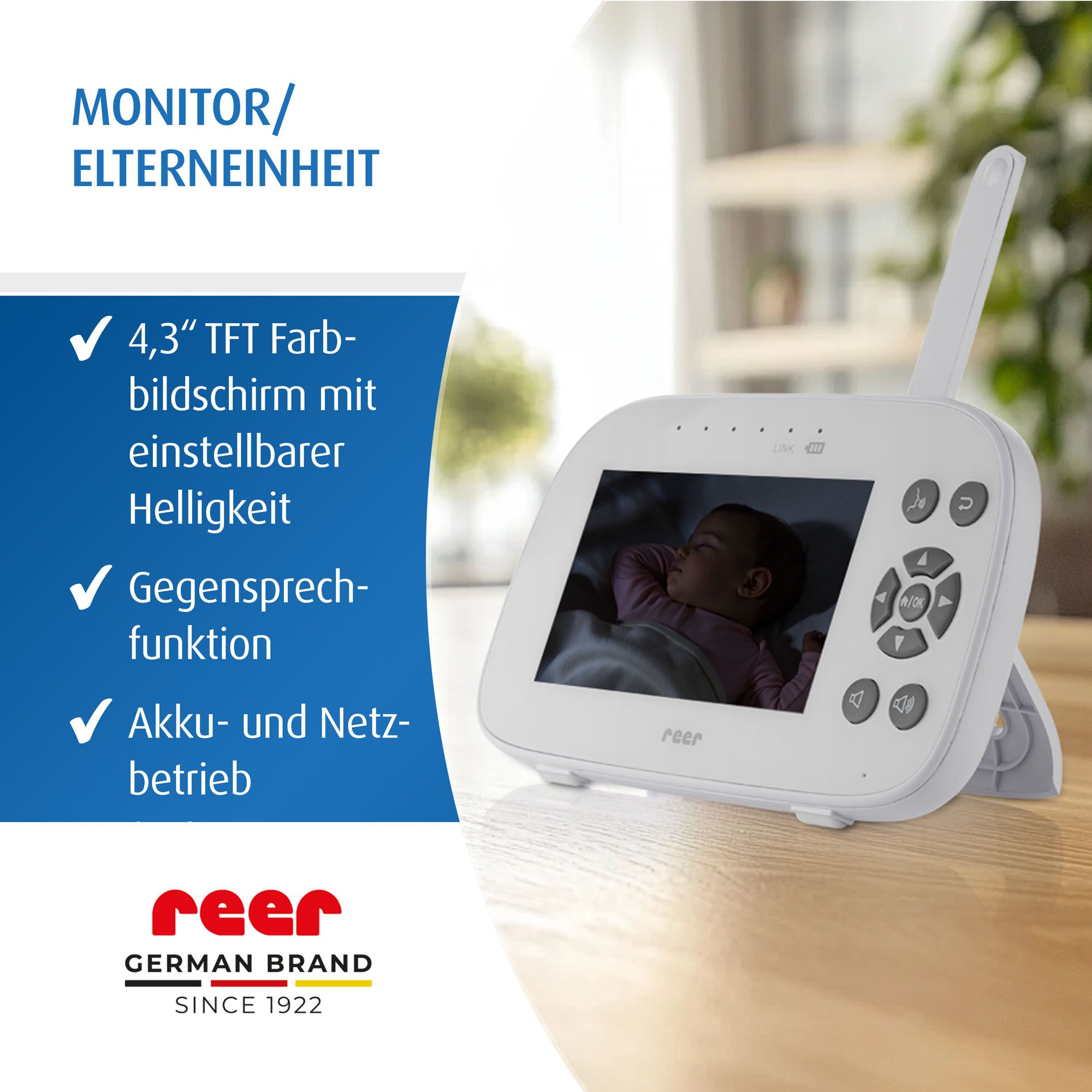 Babyphone-Monitor mit 4,3" TFT-Bildschirm, Gegensprechfunktion, Akku.