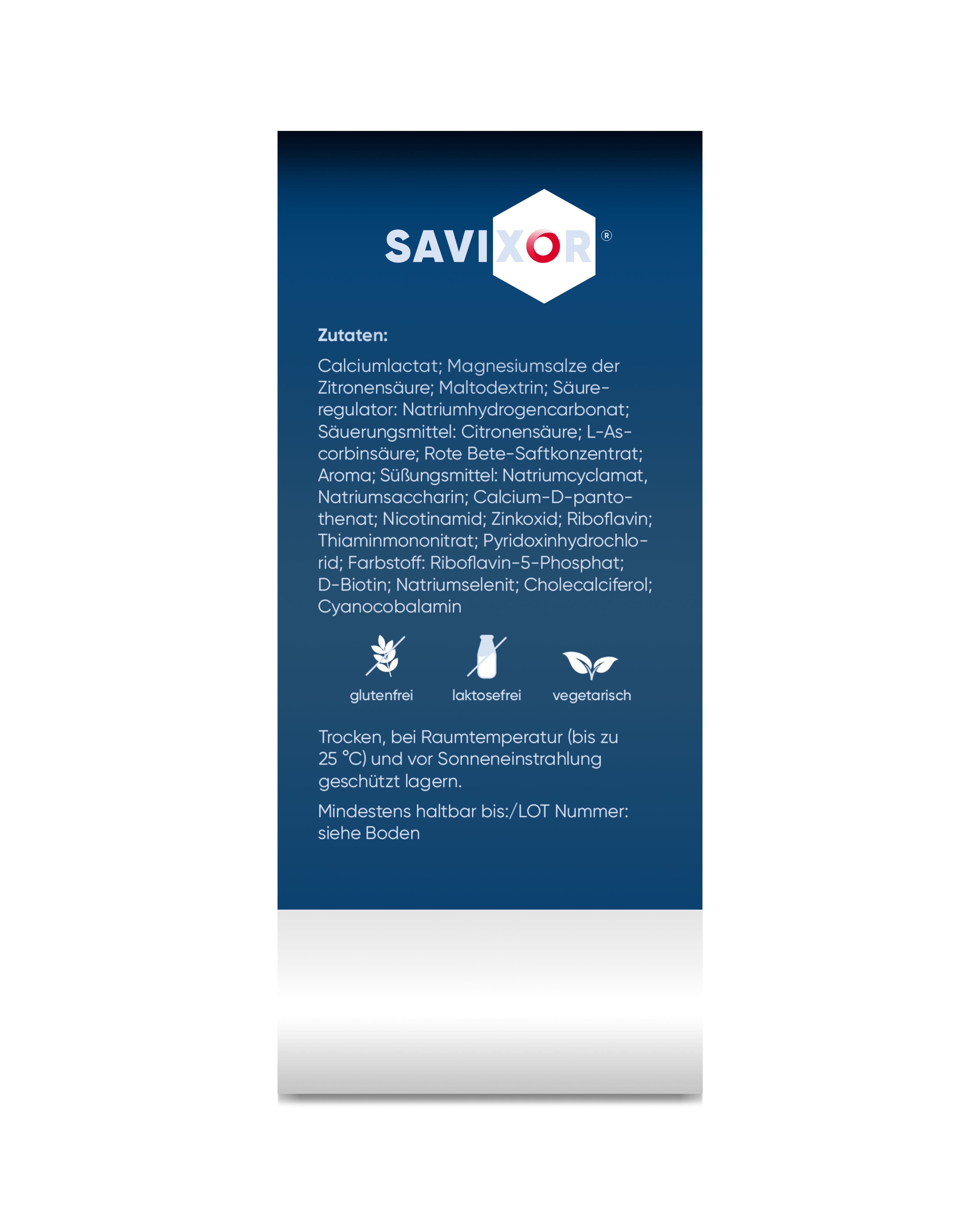 Rückseite der CalciMagX+ Verpackung. Enthält Zutatenliste und Hinweise. Savixor Logo.