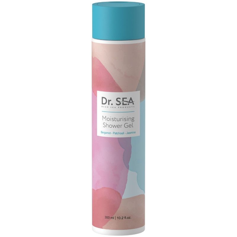 Flacone cilindrico con tappo blu. Scritta: Dr. SEA, Moisturising Shower Gel. Colori: rosa, blu, beige.