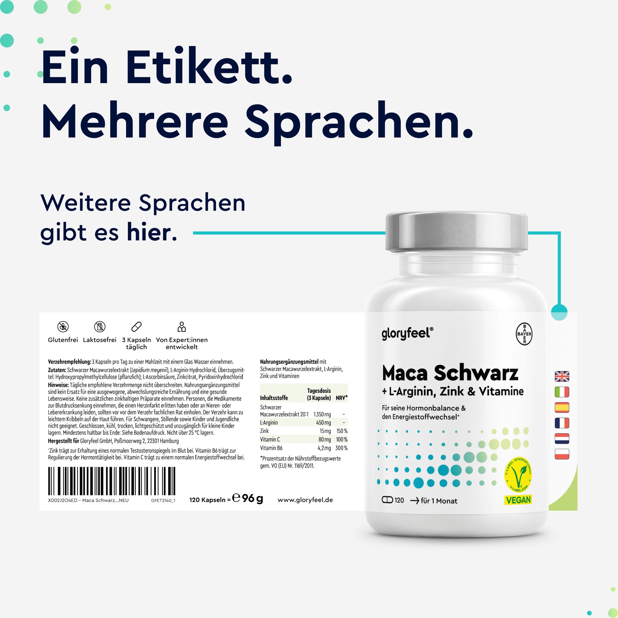 gloryfeel® Maca Kapseln 27000mg (20:1 Extrakt) + L-Arginin, Vitamin B6, B12 & Zink