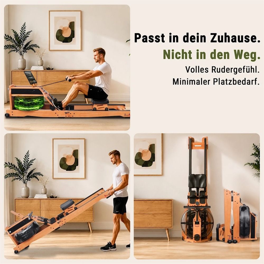 Mann trainiert auf Rudergerät, daneben zusammengeklappt.