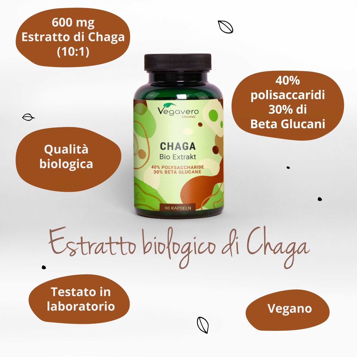 Flacone verde con capsule. Scritta: Chaga Bio Extrakt, 40% polisaccaridi, 30% beta glucani. 90 capsule.