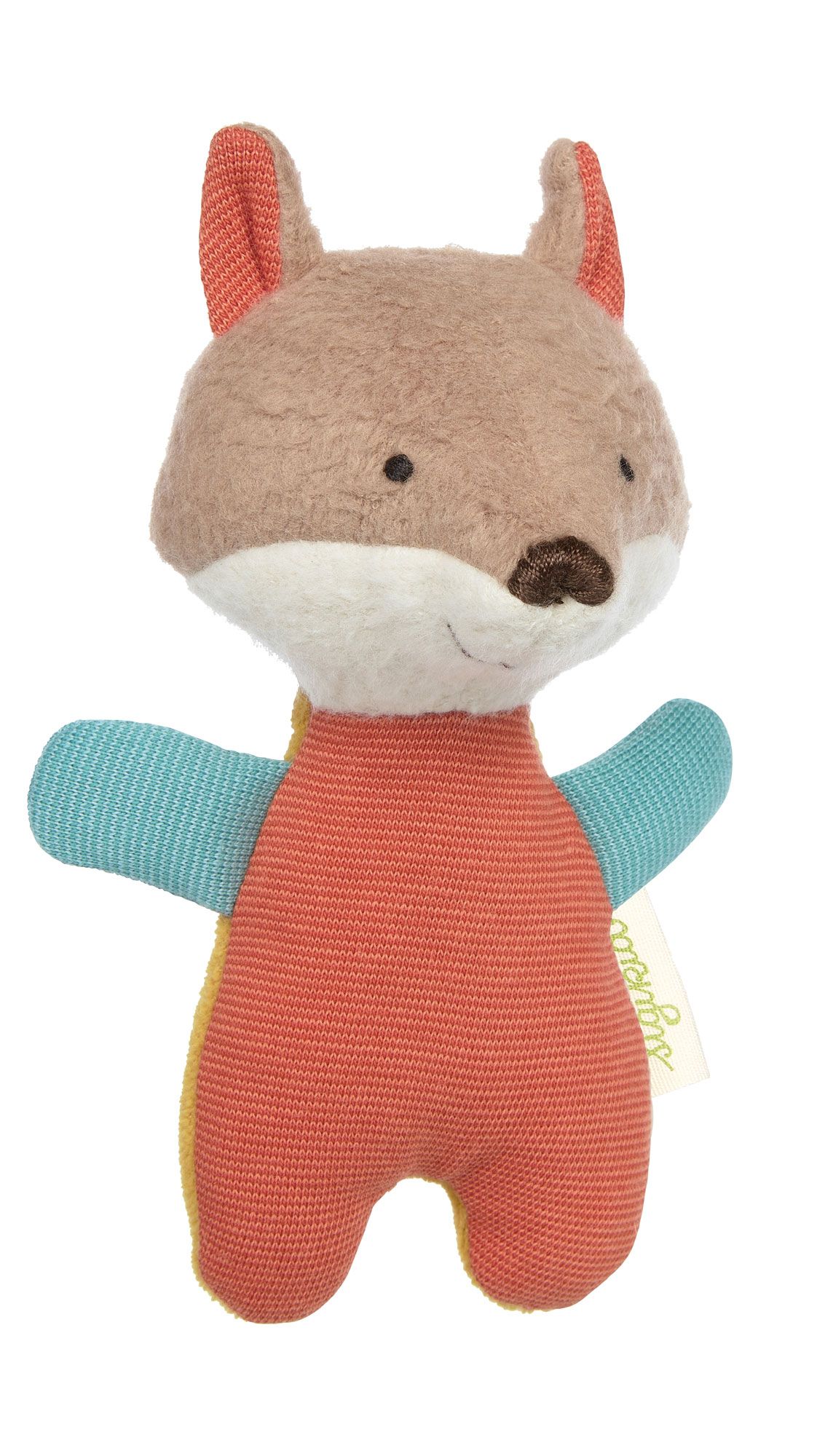 Ein Stofftier in Fuchsgform. Beige, orange, gelb und blau. Ohren und Arme aus Strickstoff. Auf einem Etikett steht "sigikid".