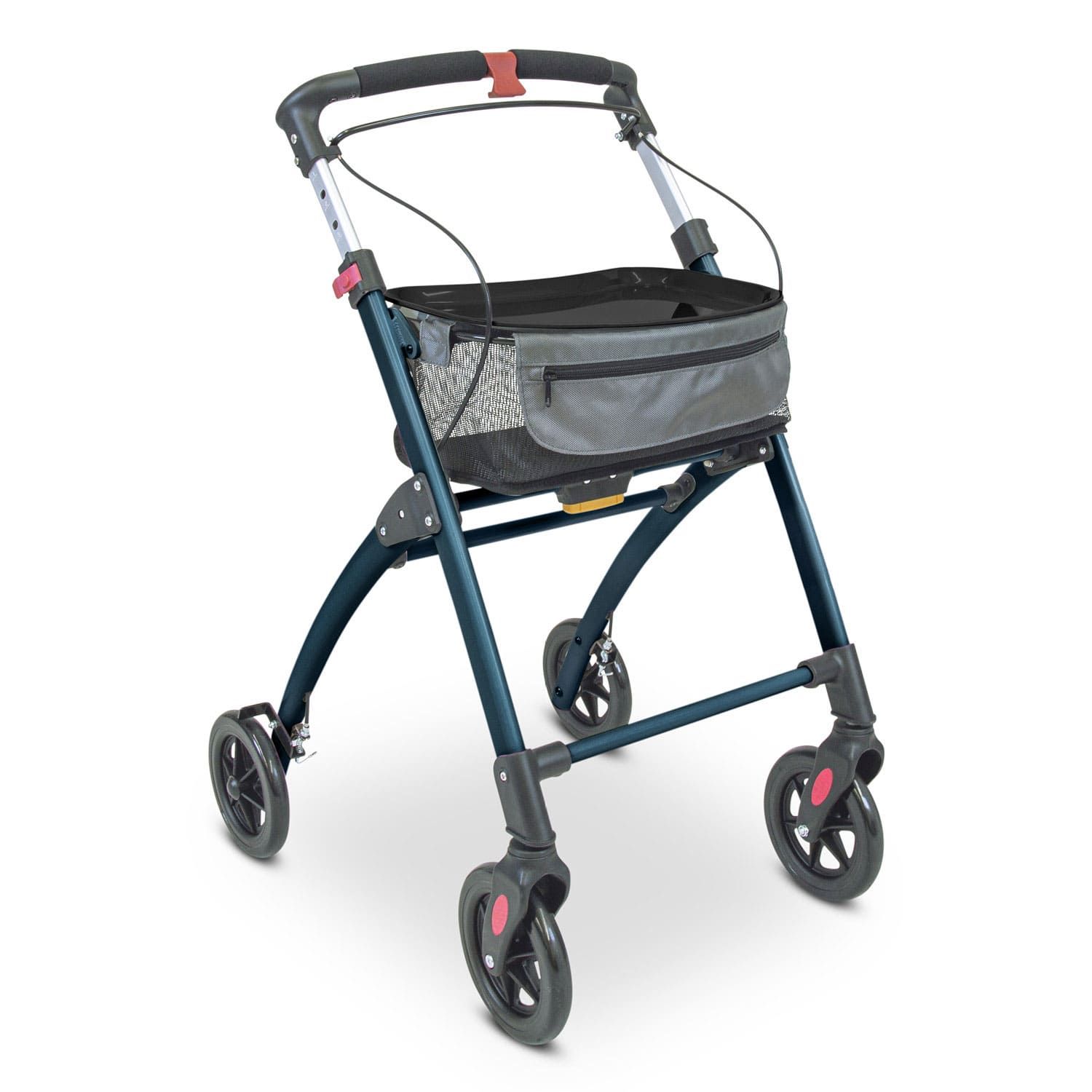 Rollator mit vier Rädern, blauem Rahmen, Einkaufskorb und Handbremsen.