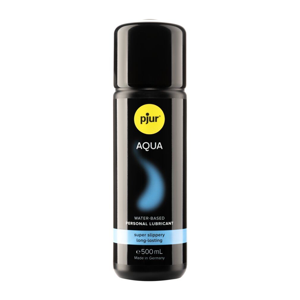 Schwarze Flasche mit schwarzem Deckel. Aufschrift: pjur AQUA. Text: Water-based, super slippery long-lasting. 500ml.