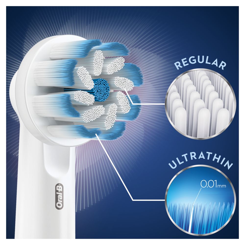 Nahaufnahme einer Oral-B Sensitive Clean Bürste. Details der Borstenstruktur, mit Beschriftung "REGULAR" und "ULTRATHIN".