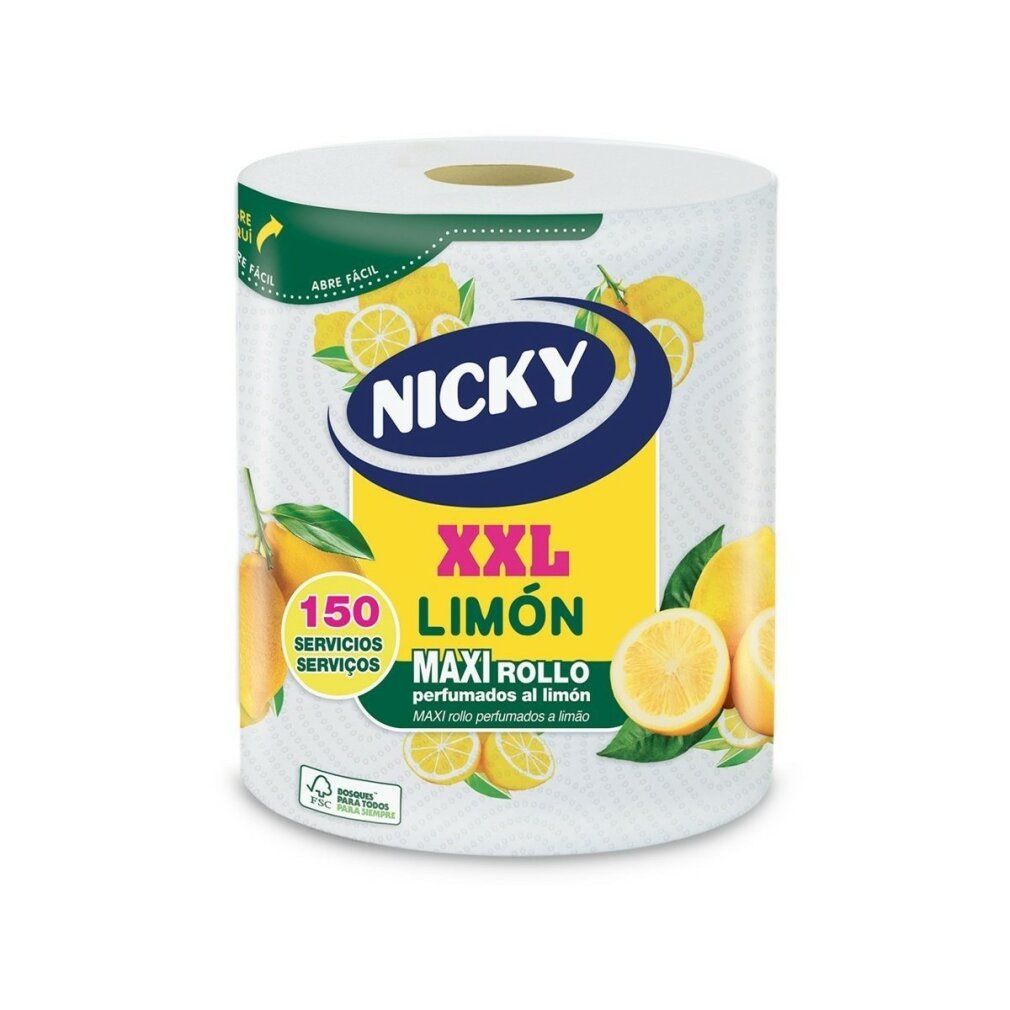 Küchenpapierrolle mit Zitronen-Dekor. Aufschrift: Nicky XXL Limón. 150 Blatt. Maxi Rollo. FSC-Siegel.