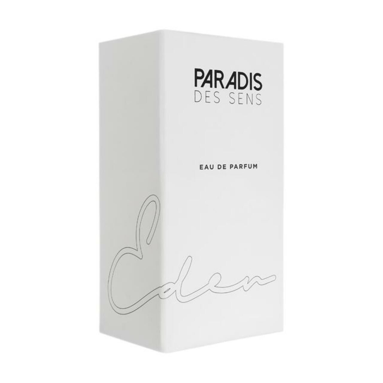 Weiße rechteckige Verpackung. Aufschrift "PARADIS DES SENS" und "Eden". "EAU DE PARFUM" darunter.
