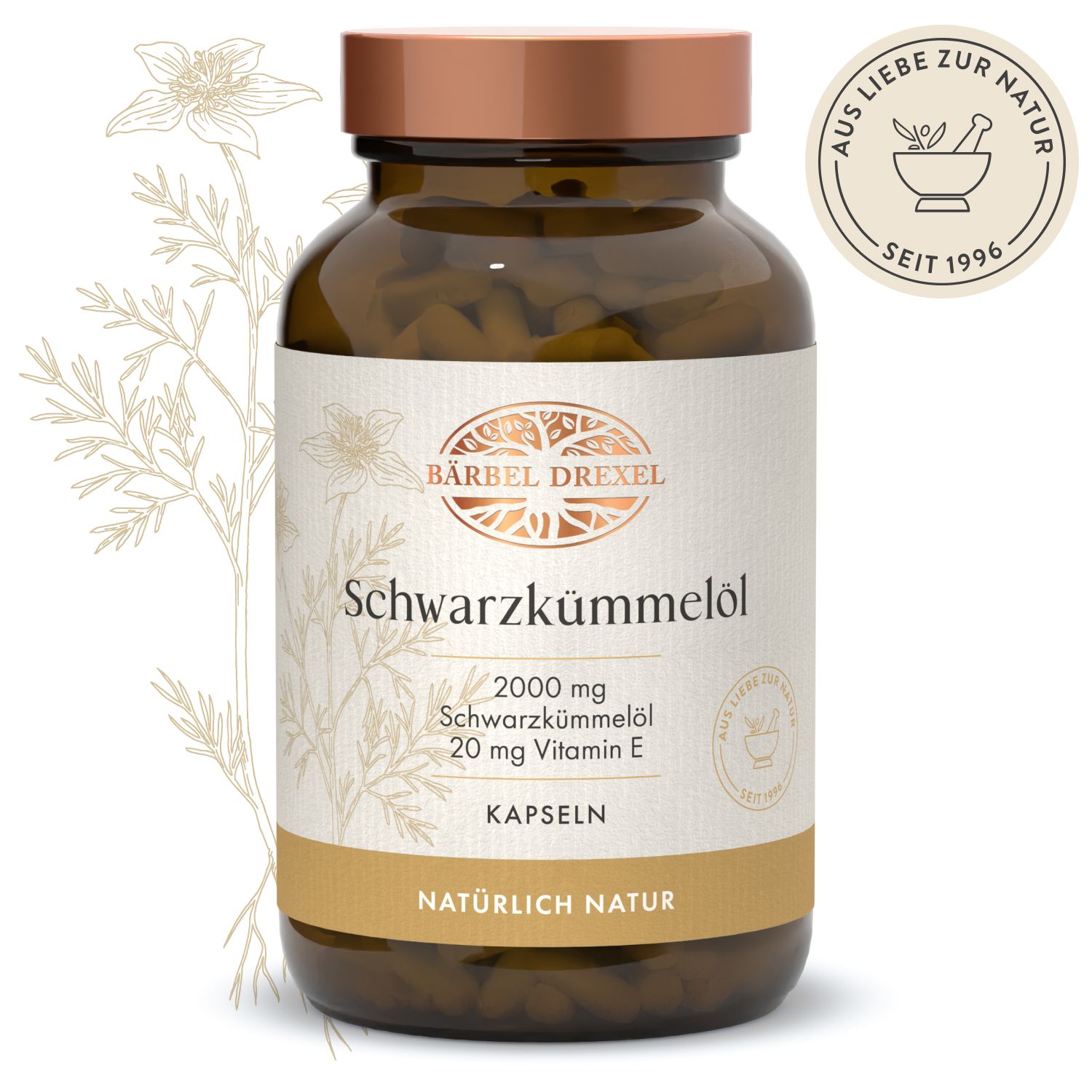 Braune Glasflasche mit Kapseln. Aufschrift: Bärbel Drexel Schwarzkümmelöl, 2000 mg, 20 mg Vitamin E. Kapseln.