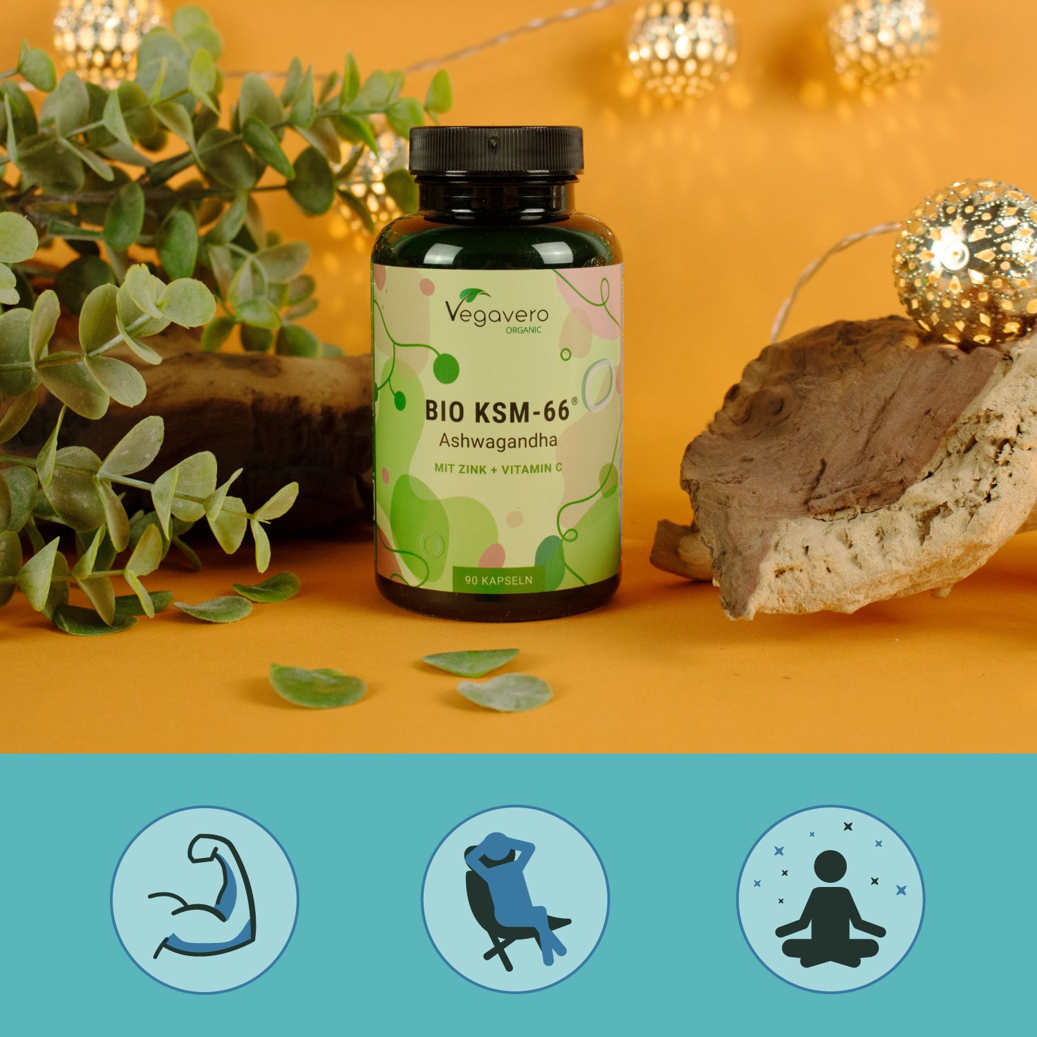 Produktflasche mit Aufschrift BIO KSM-66 Ashwagandha. Dekoration mit Blättern und Lichtern. Hintergrund: orange.