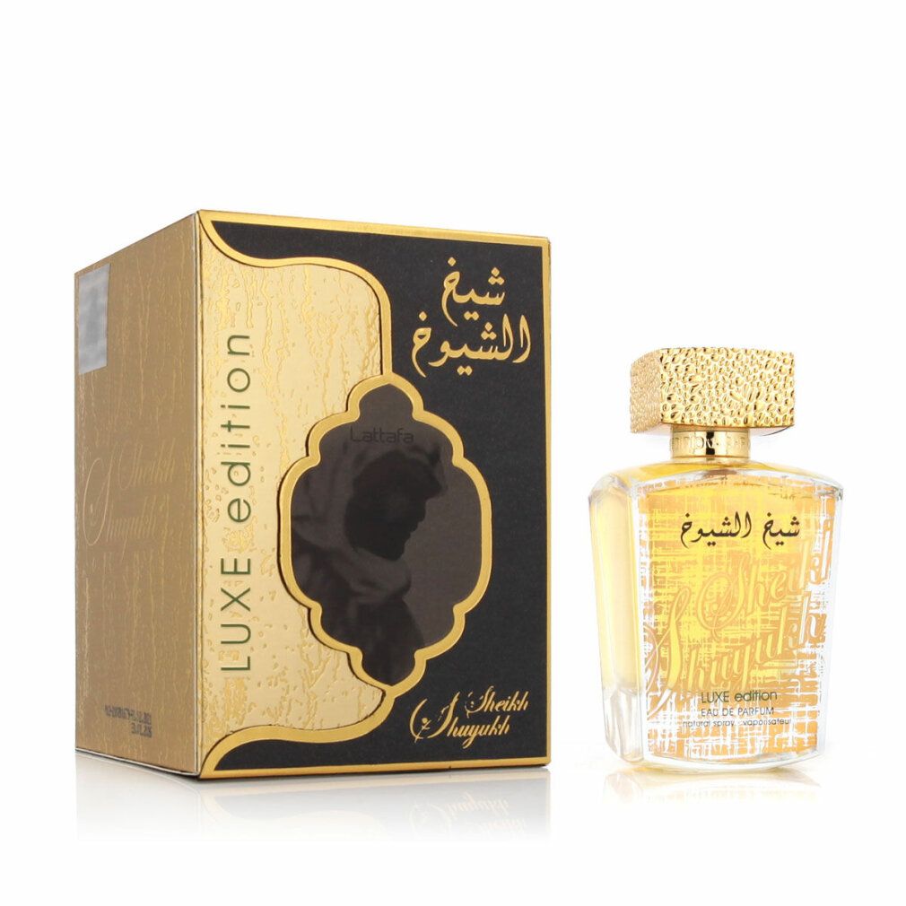 Goldfarbener Flakon mit goldener Kappe und Karton. Aufschrift: Luxe Edition, arabische Schriftzeichen.