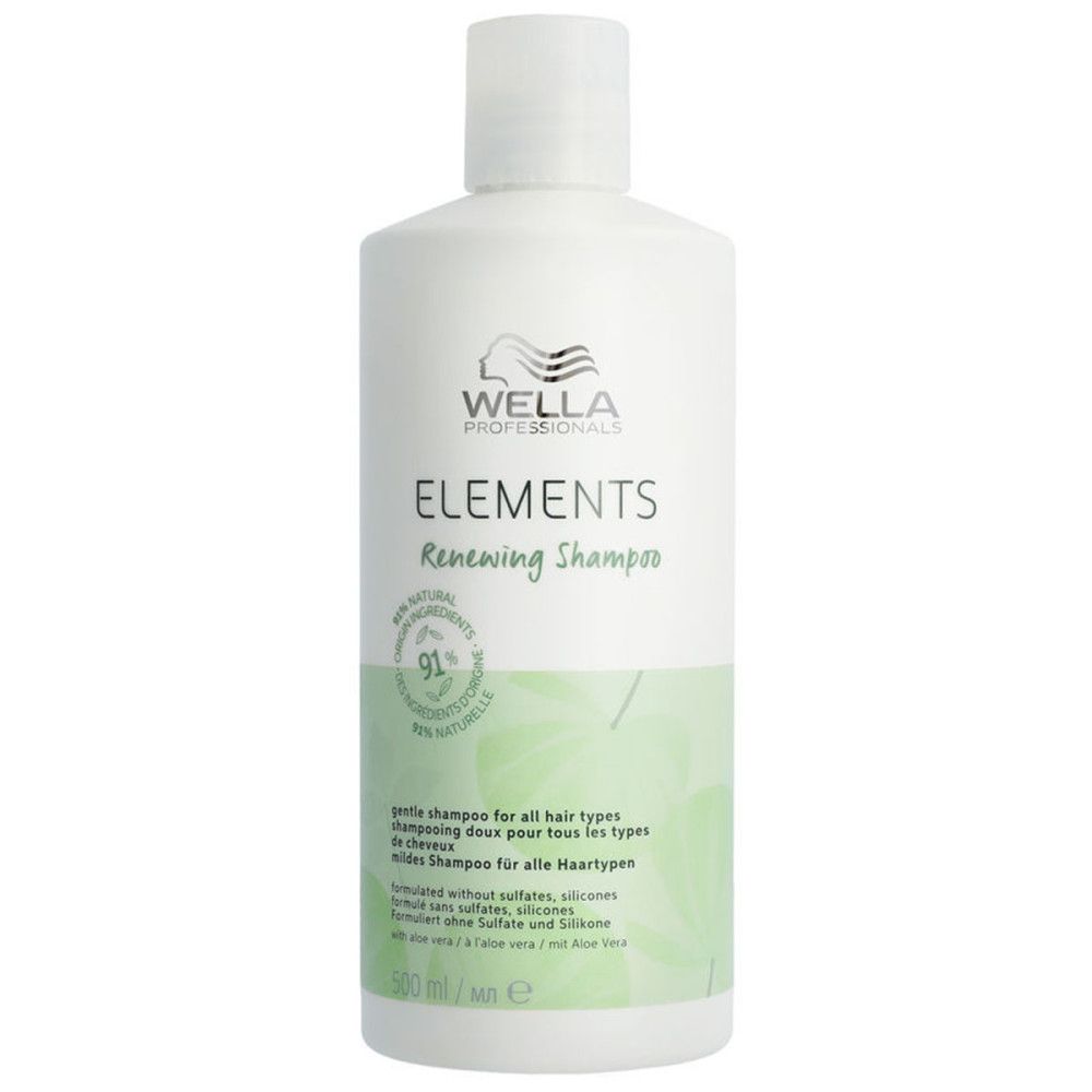Weiße Flasche mit Wella Elements Shampoo. Aufschrift: Renewing Shampoo, 91% natürliche Inhaltsstoffe. Text in Deutsch, Französisch, Englisch.