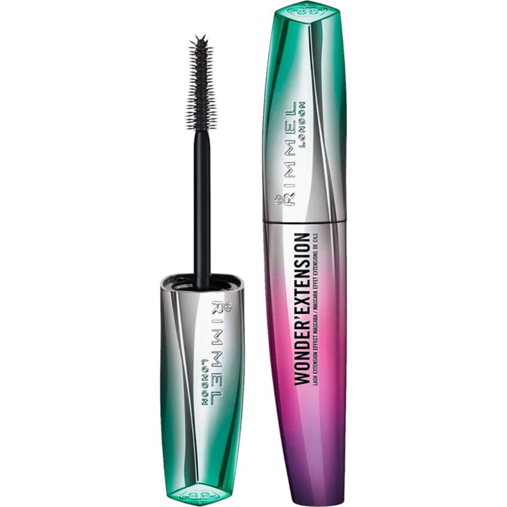 Rimmel London Wonder'Extension Mascara mit Bürste. Farbverlauf von Grün zu Lila.
