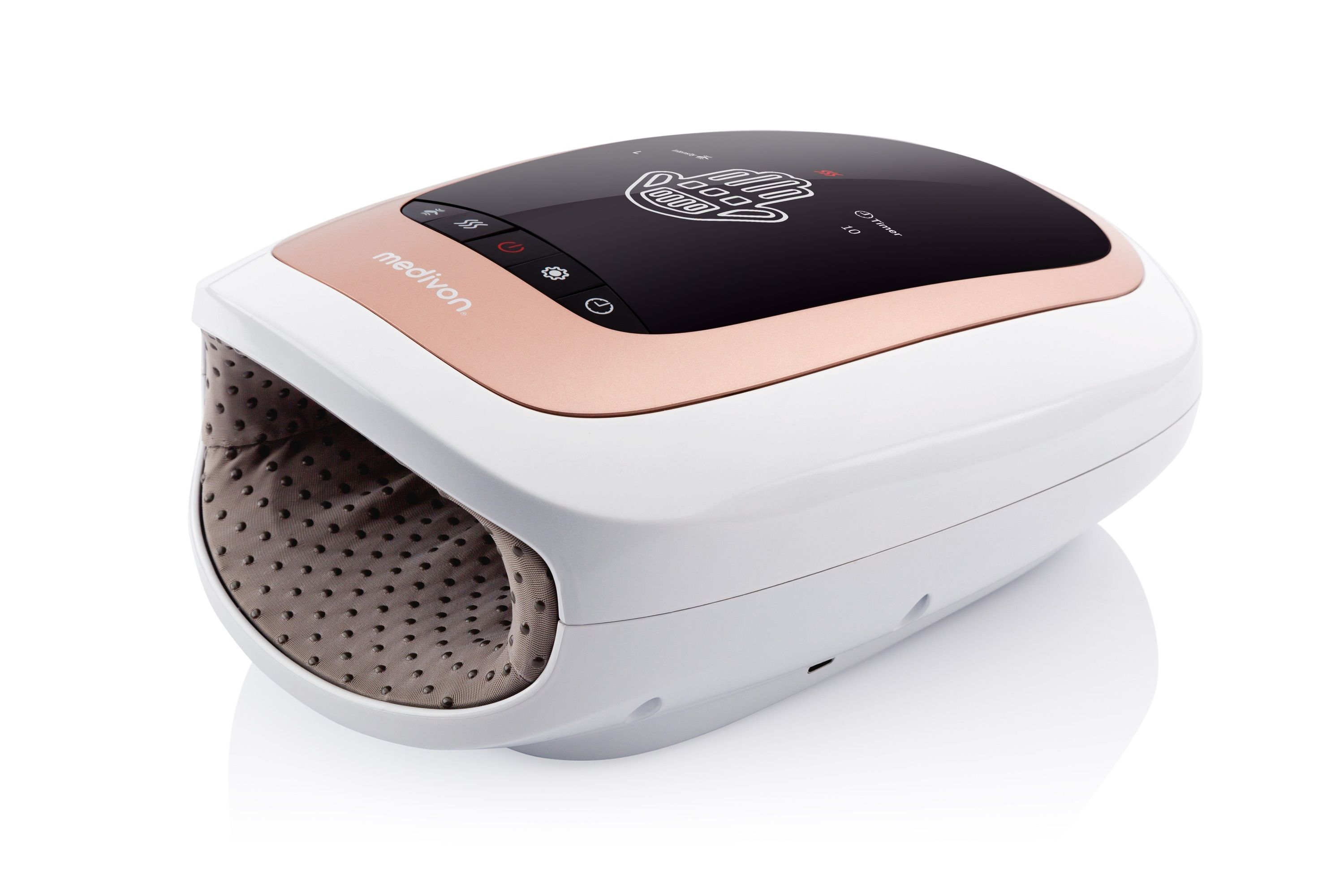 Weißes, ovales Gerät mit roségoldfarbenem Rahmen. Innenraum mit gepunktetem Stoff. Marke: medivon. Oberseite mit Touchscreen.