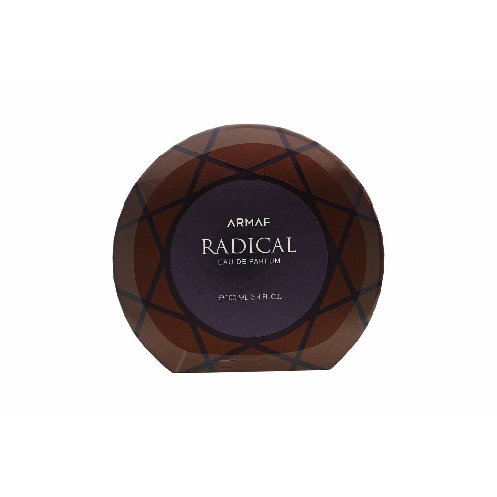 Runde Verpackung, braun mit geometrischem Muster. Text: Armaf Radical Eau de Parfum. Flasche nicht sichtbar.