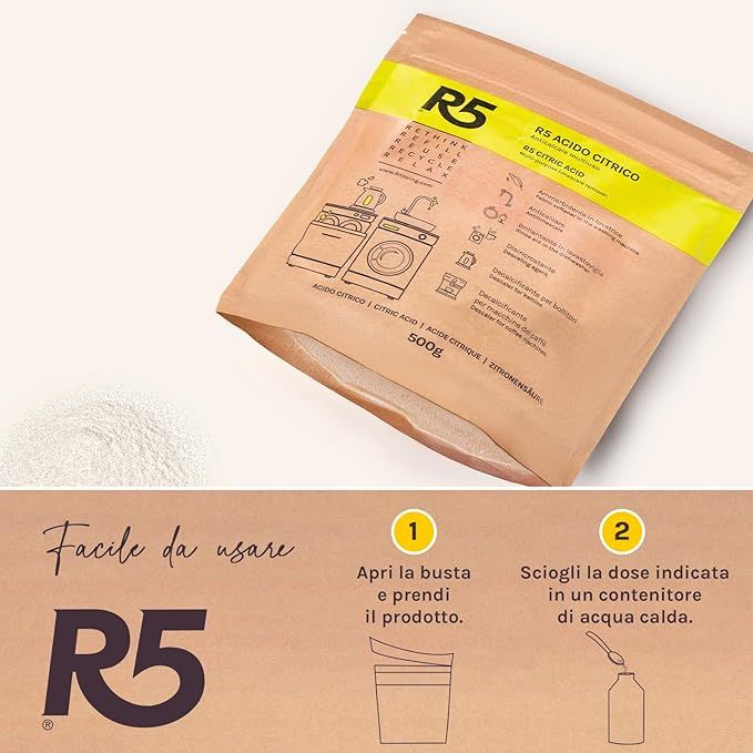 R5 Acido Citrico Polvere Beutel mit Text und Illustrationen. Anleitungsschritte: 1. Öffnen und entnehmen. 2. In Wasser auflösen.