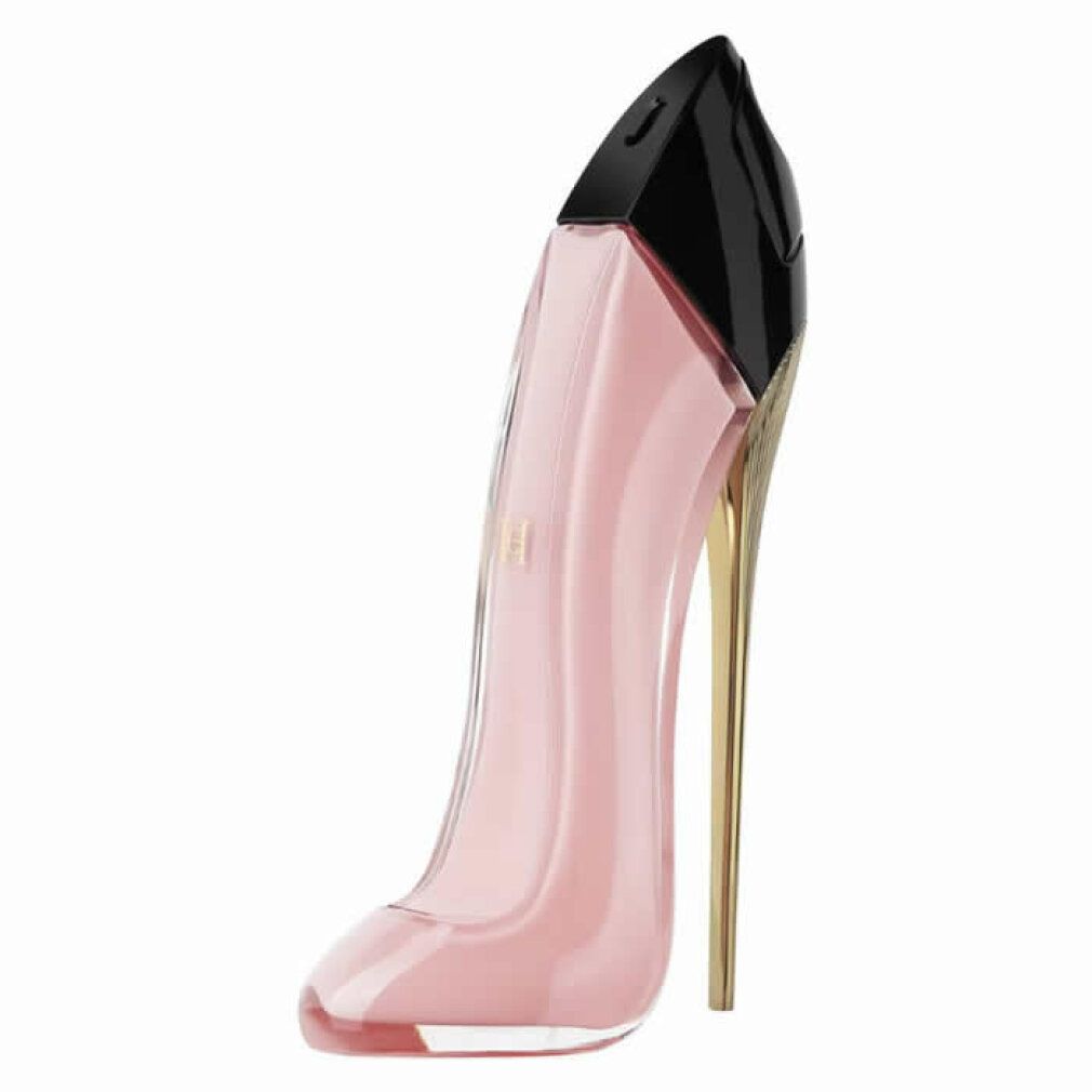 Carolina Herrera Good Girl Blush Damenparfum in rosa Pumps-Flasche mit schwarzem Verschluss und goldenem Absatz.