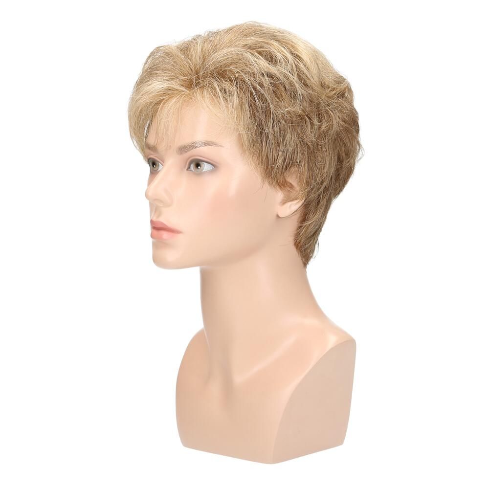 Perücke Ellen von Lofty, blond, auf einer Büste. Kurze, gewellte Haare. Seitenansicht.