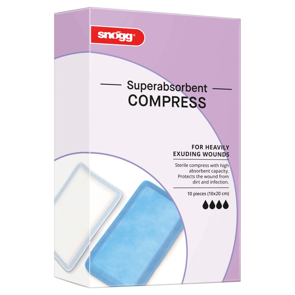 Verpackung Snögg Superabsorbent Compress, 10 Stück (10x20 cm). Für stark exsudierende Wunden.
