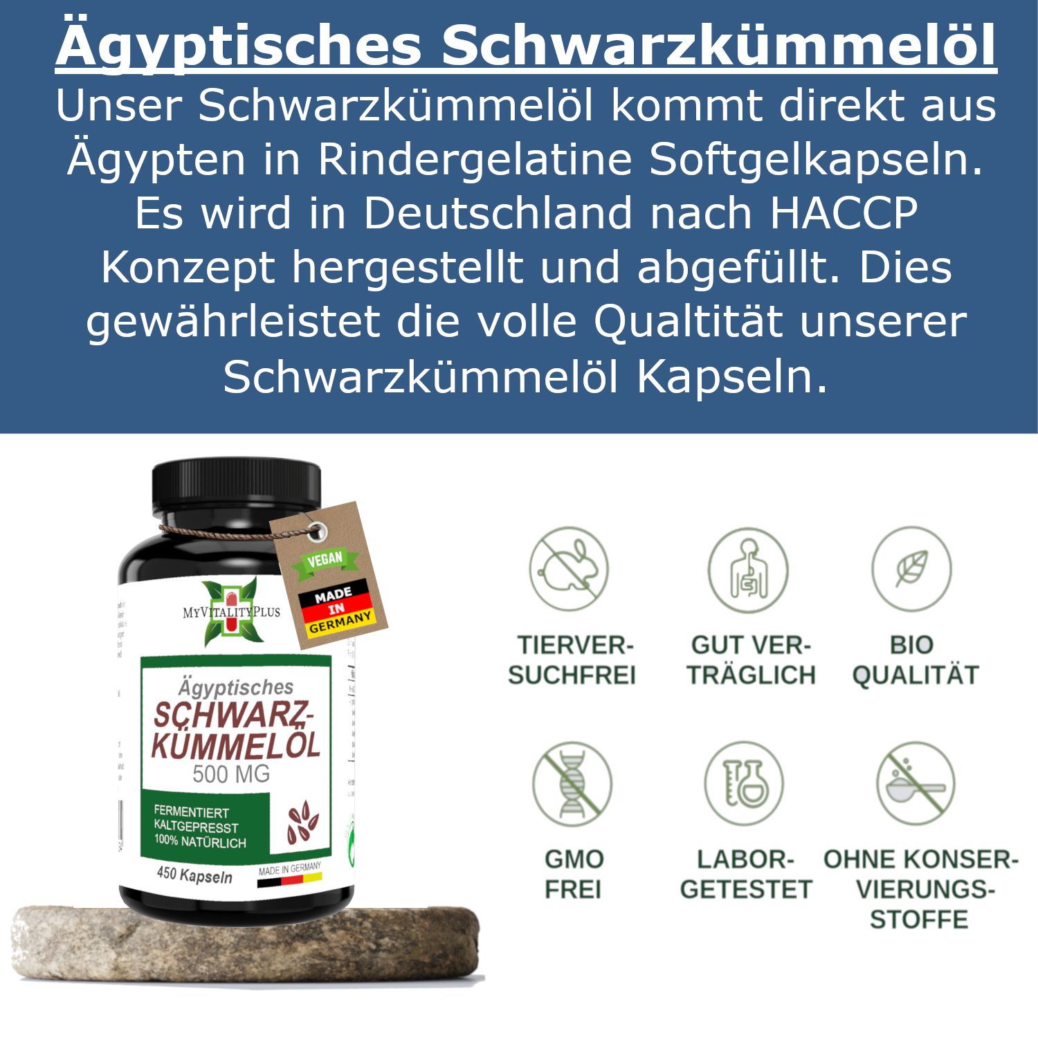 Braune Flasche mit Kapseln. Aufschrift: Ägyptisches Schwarzkümmelöl, 500 MG. Label mit Zertifizierungen und Made in Germany.
