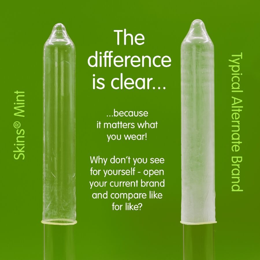 Zwei transparente Kondome nebeneinander. Links: Skins Mint. Rechts: Typische Alternative. Text: The difference is clear.