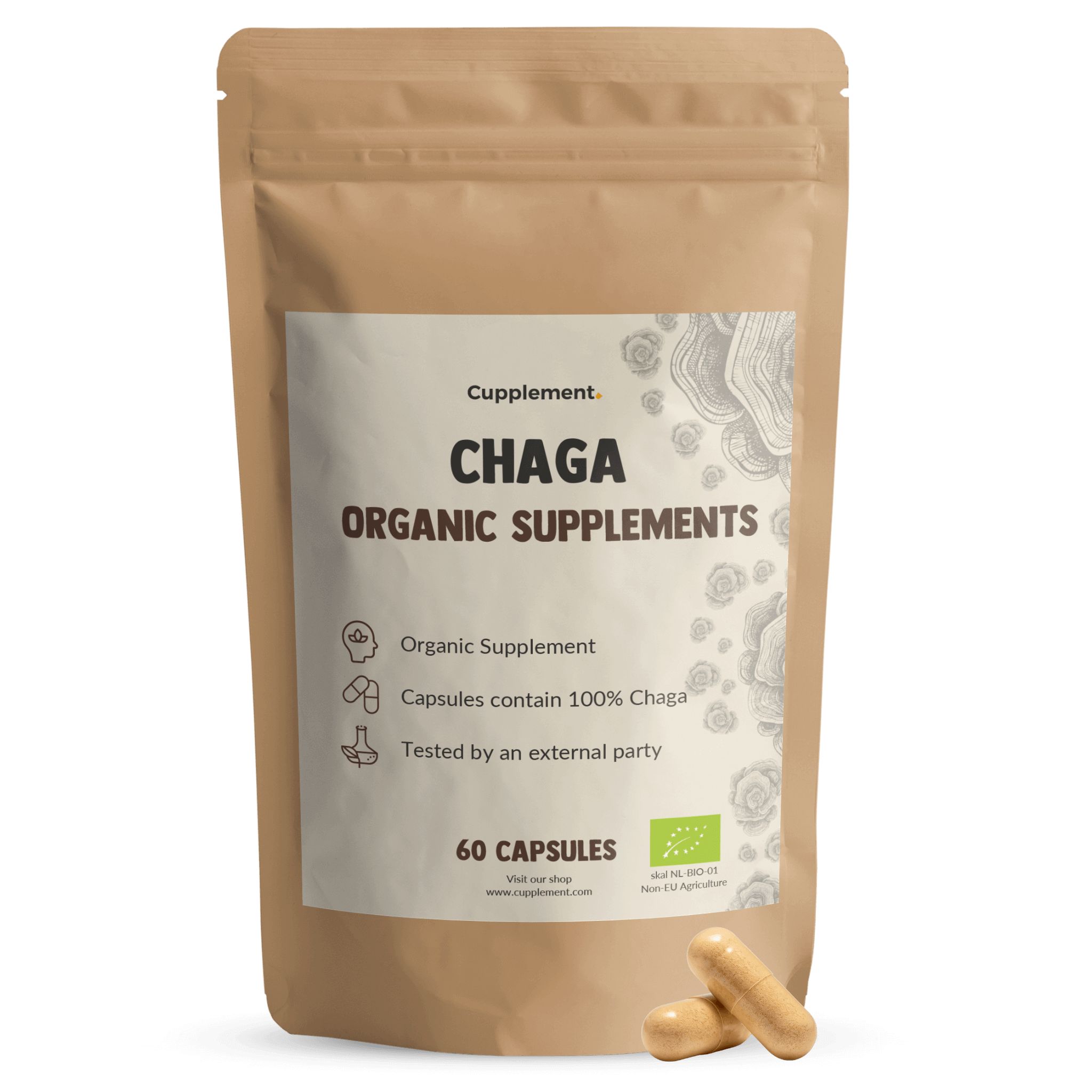 Braune Tüte mit Etikett. Text: "Cupplement Chaga Organic Supplements". 60 Kapseln. Bio-Zertifizierung.
