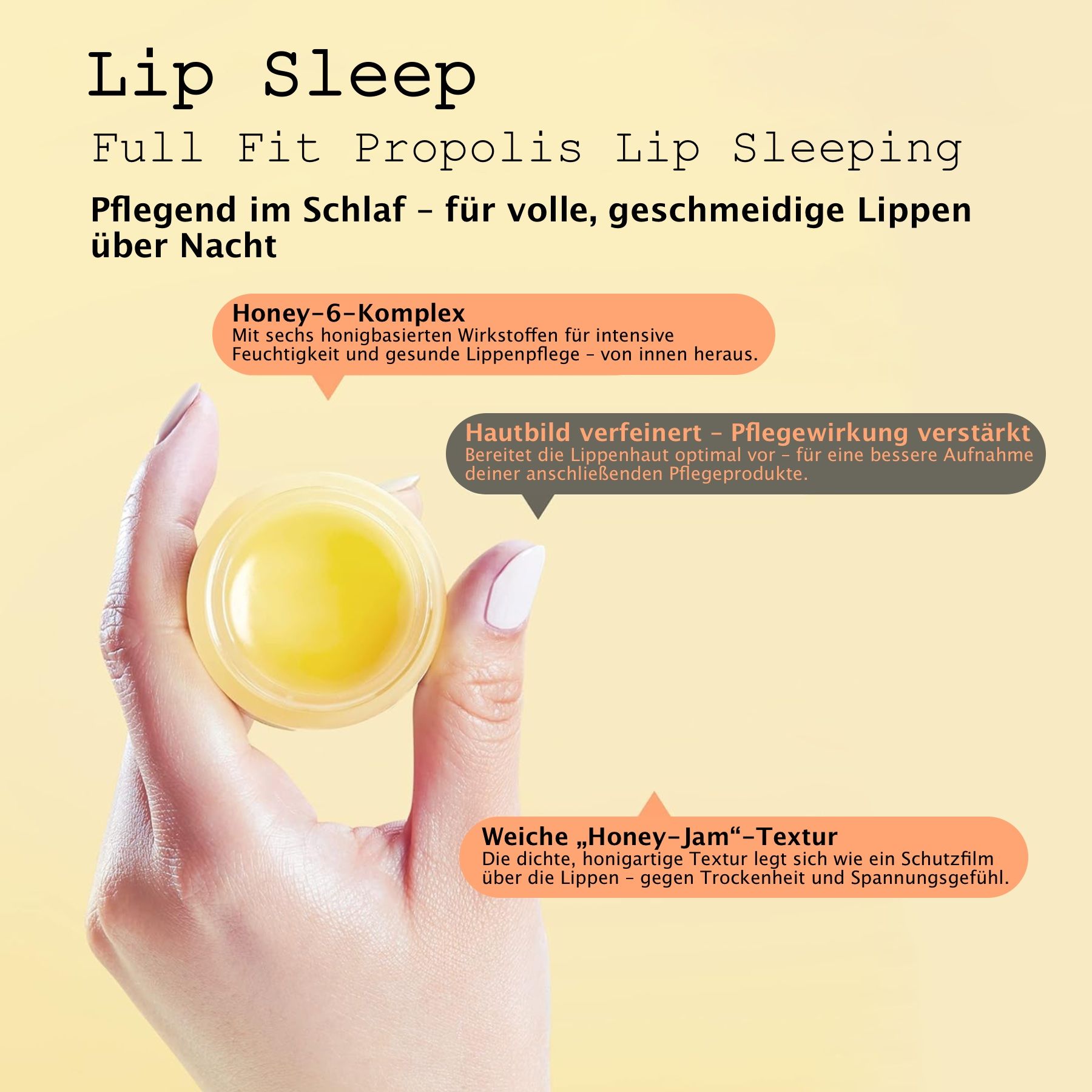 Glas COSRX Lip Sleep Propolis Sleeping Mask. Gelbe Creme. Hand hält das Glas. Text mit Produktnamen und Marke.