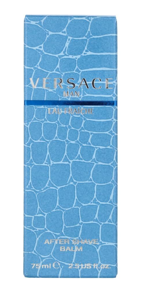 Hellblaue Verpackung mit Versace-Logo, Schriftzug 'Eau Fraiche' und 'After Shave Balm'. Krokodilmuster-Design.