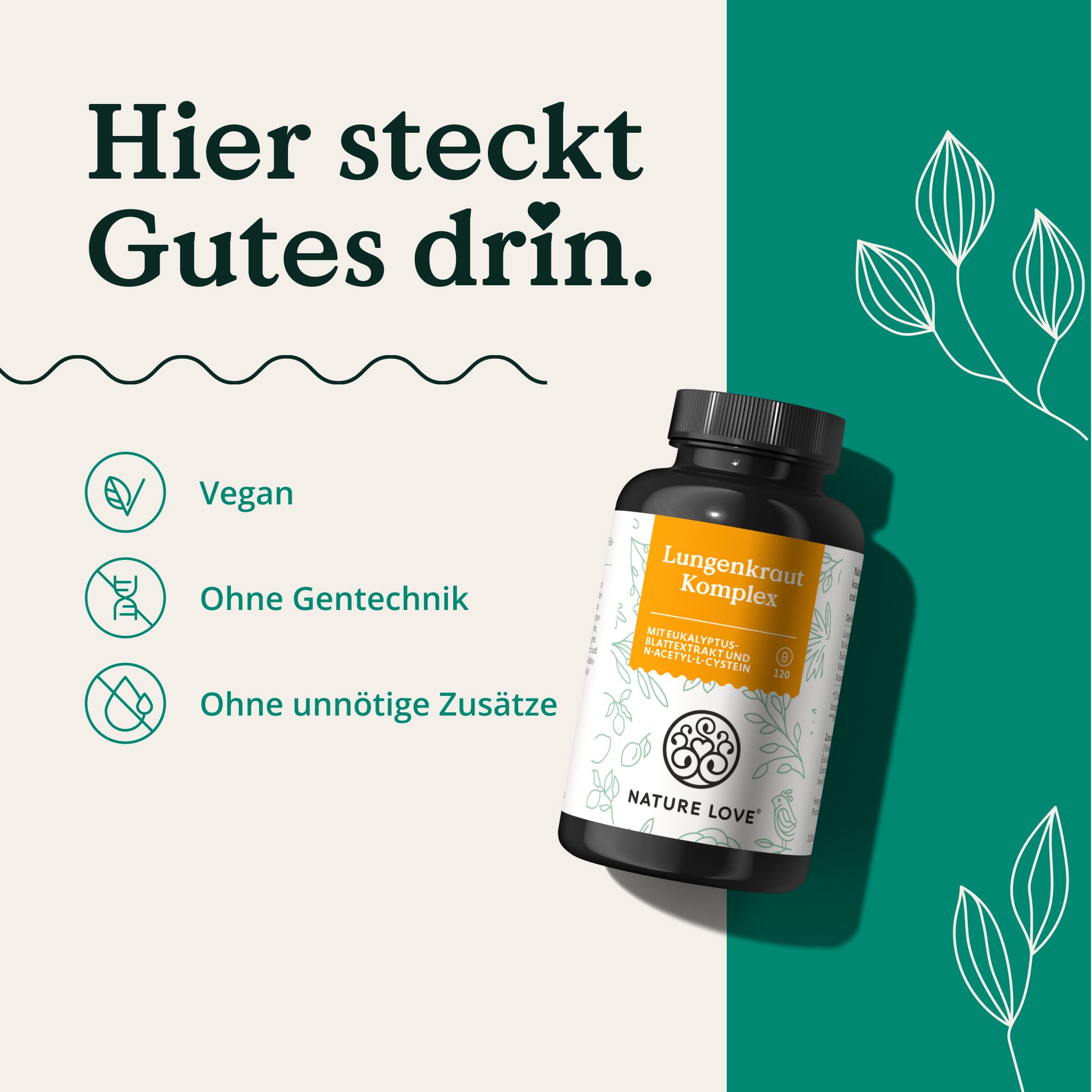 NATURE LOVE® Lungenkraut Komplex - 120 Kapseln - mit Eukalyptusblättern, NAC, Vitamin B2 & Vitamin C