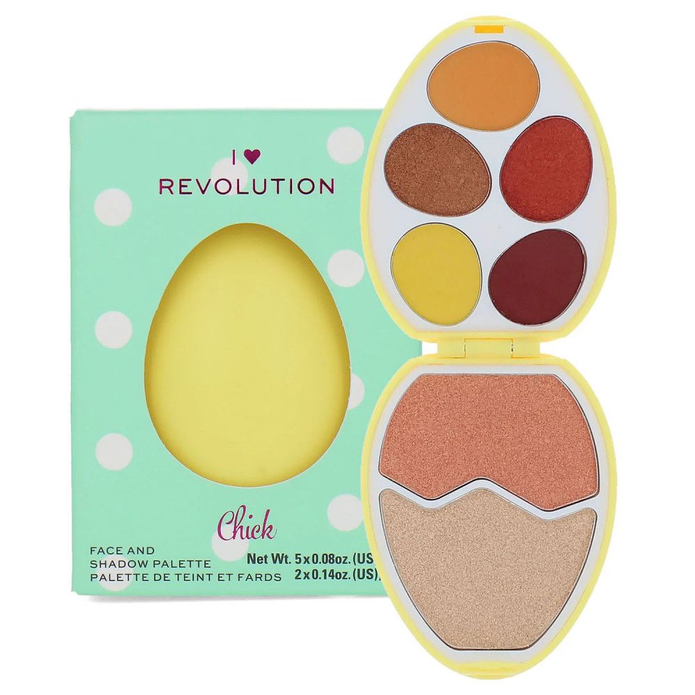 Geöffnete Gesichts- und Lidschattenpalette in Eiform. Enthält Lidschatten und Rouge. Hellgrüne Verpackung mit weißen Punkten daneben.