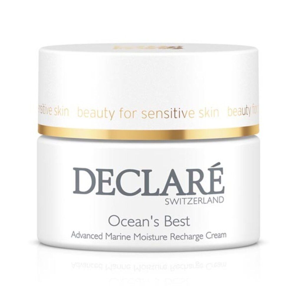 Weißer Tiegel mit goldfarbenem Deckel. DECLARÉ-Logo und Produktbezeichnung "Ocean's Best" in Grau. Text: "Advanced Marine Moisture Recharge Cream".
