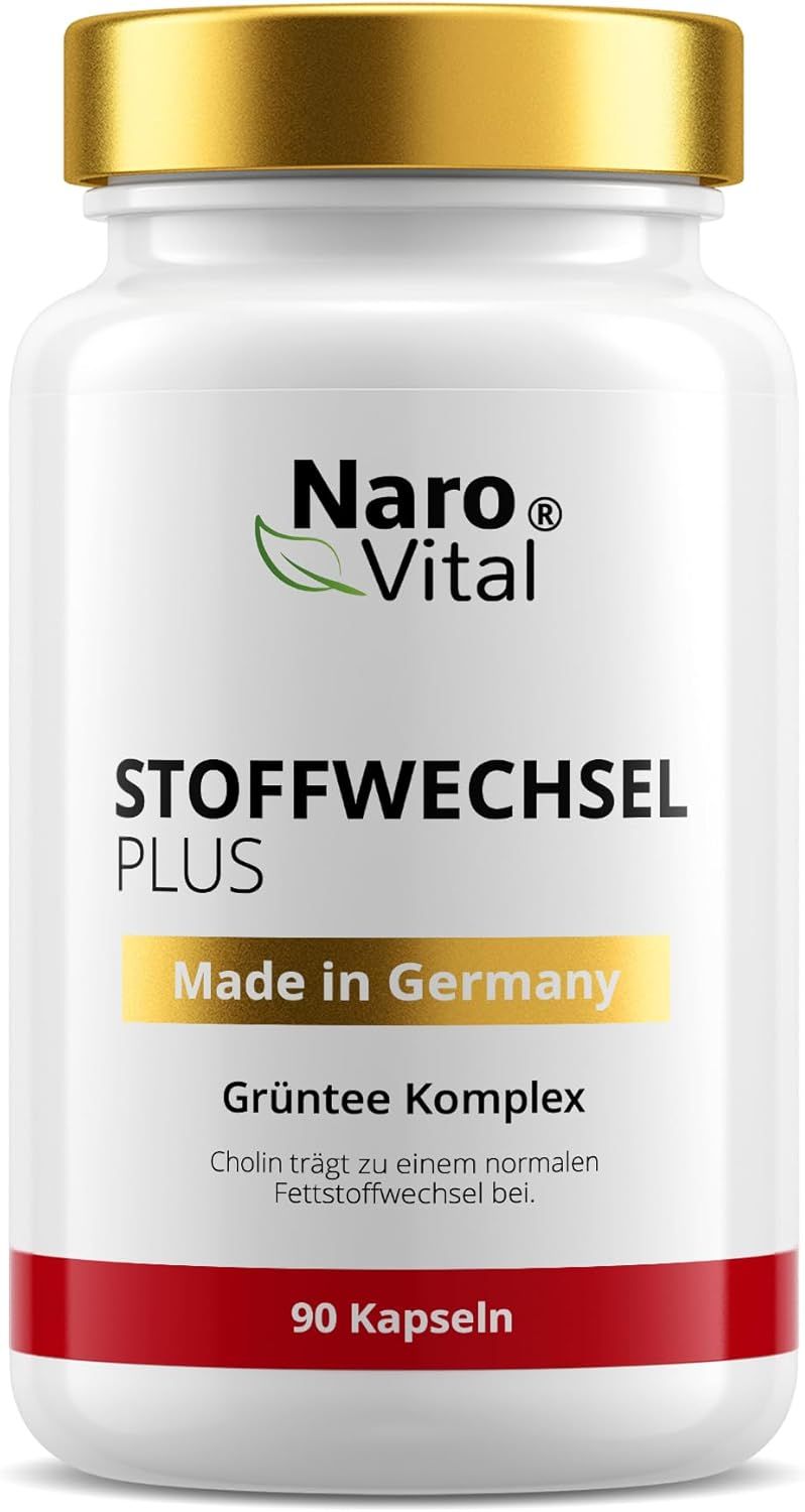 Weiße Kapsel-Dose mit Golddeckel. Text: NaroVital, Stoffwechsel Plus, Made in Germany, 90 Kapseln. Roter Streifen.