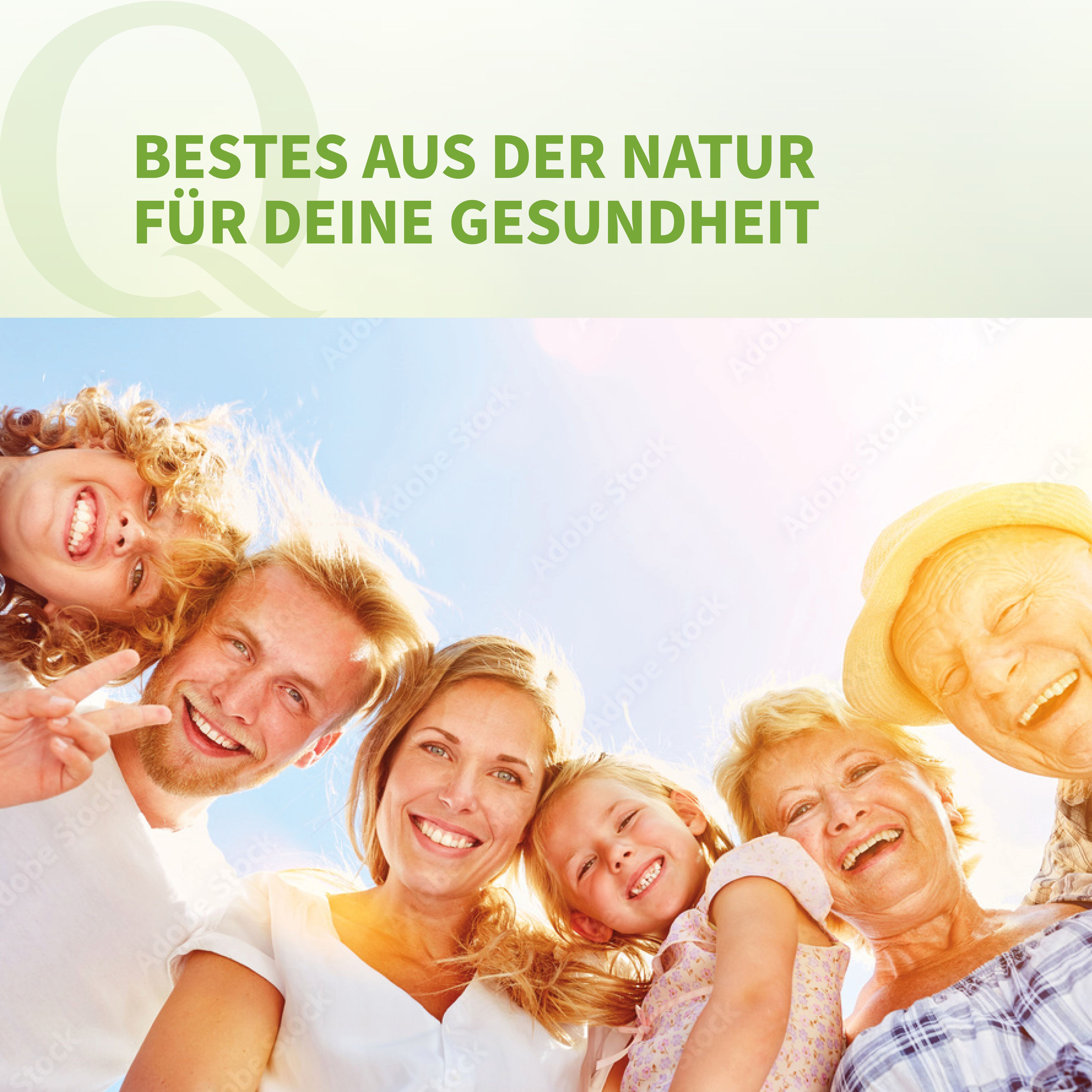 Familie lächelt in die Kamera. Text: Bestes aus der Natur für deine Gesundheit.