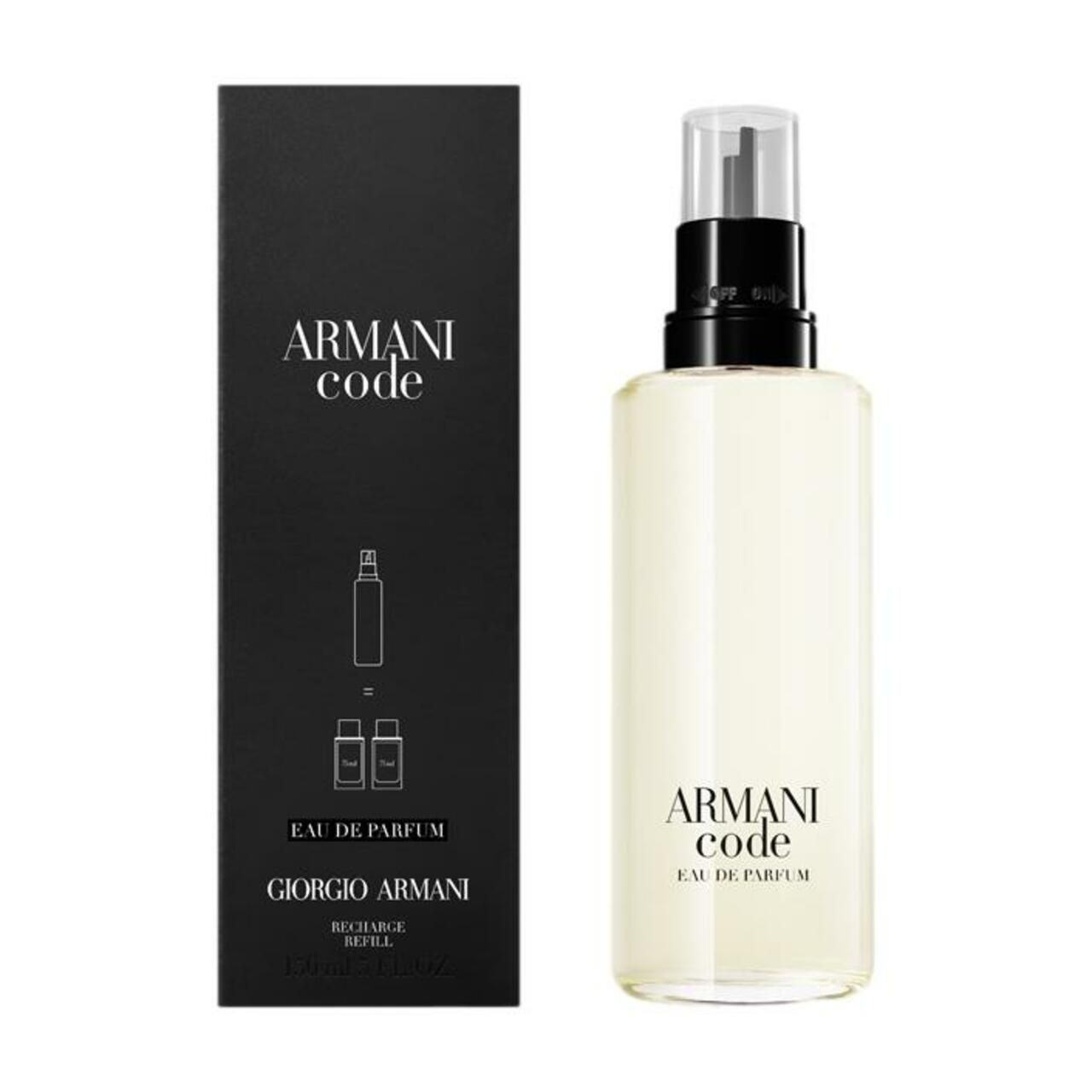 Schwarze Verpackung mit Produktname und Logo. Daneben eine transparente Flasche mit Sprühkopf. Text: Armani Code Eau de Parfum.
