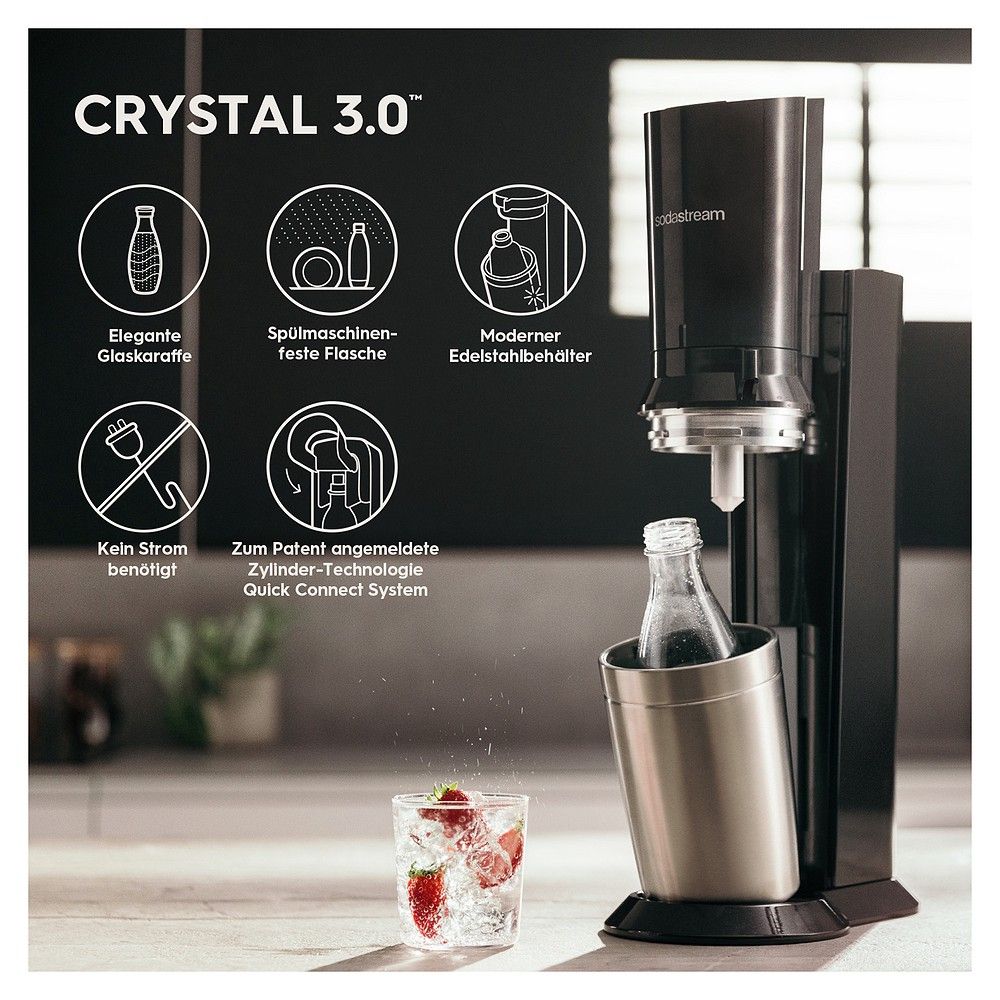 SodaStream Crystal 3.0: Elegante Glas Karaffe, spülmaschinenfeste Flasche, moderner Edelstahlbehälter.