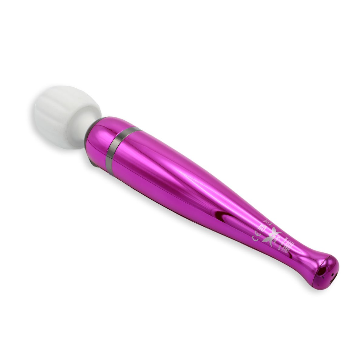Pinker Massage-Wand mit weißem Aufsatz, seitlich betrachtet.