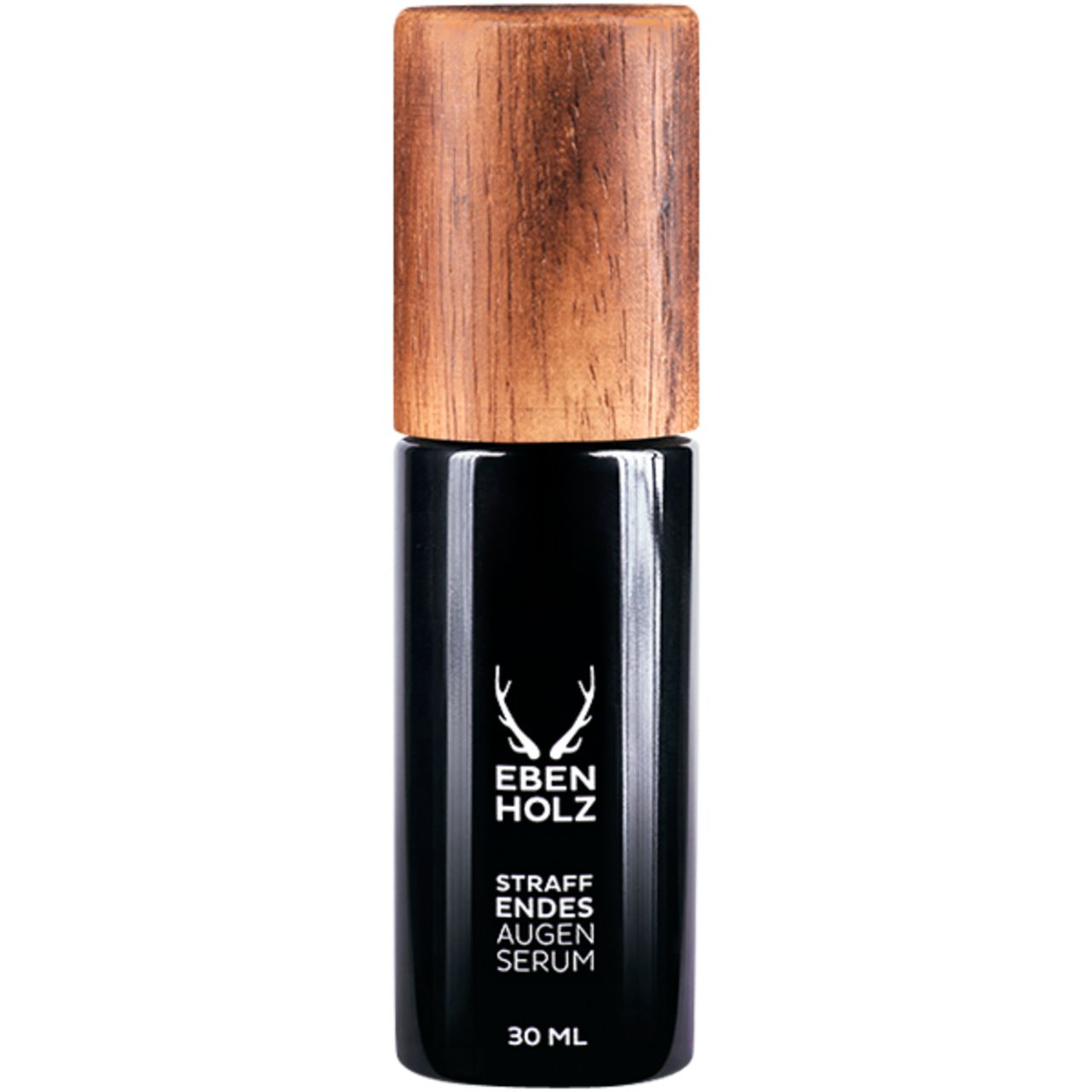 Schwarze Flasche mit Holzdeckel. Aufschrift: EBENHOLZ, Straffendes Augenserum, 30 ml. Weißes Logo mit Hirschgeweih.